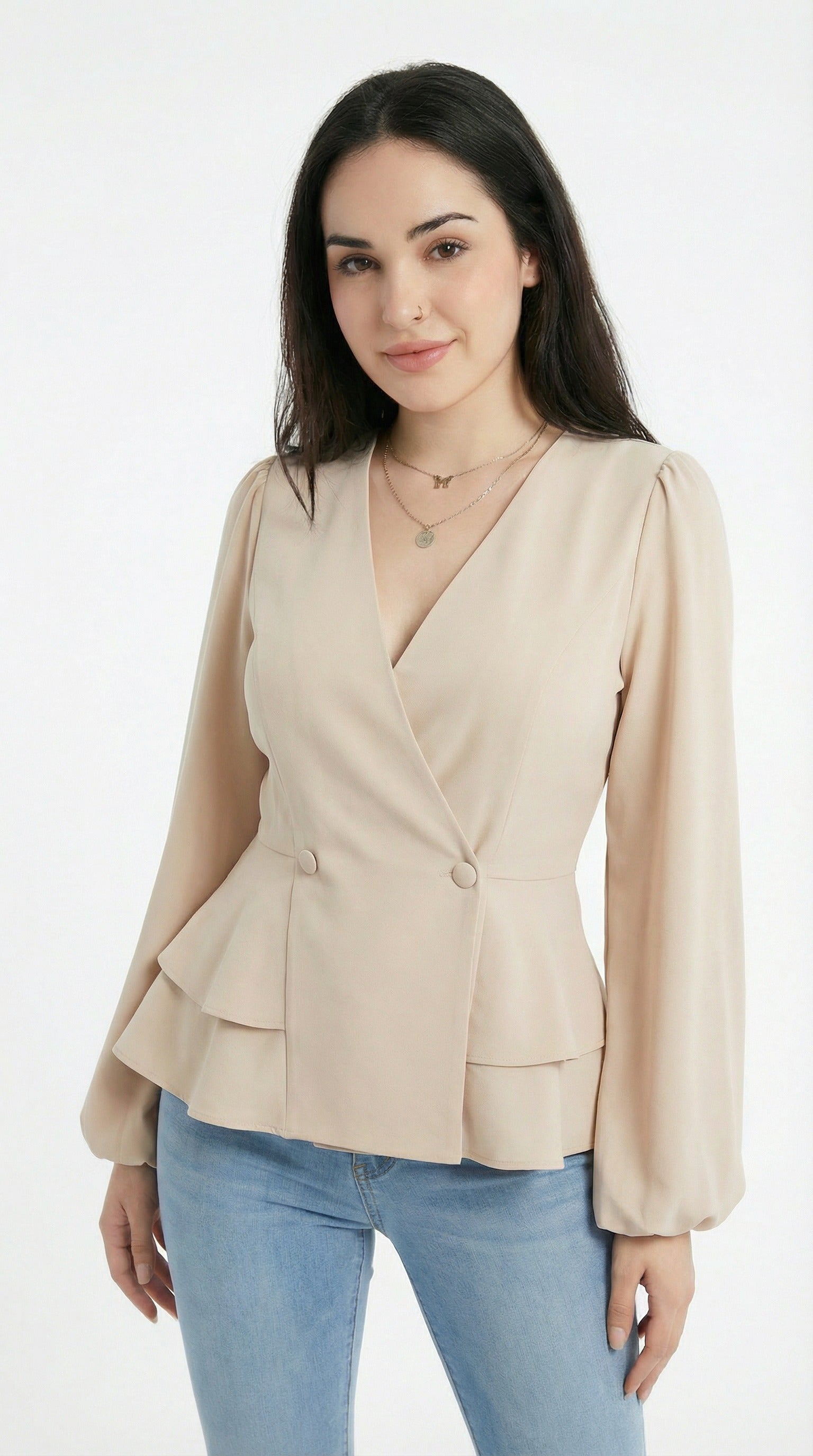 Beige peplum blazer worn by a model with multiple color options displayed from Meleche or Meléche (short as (Mé))
