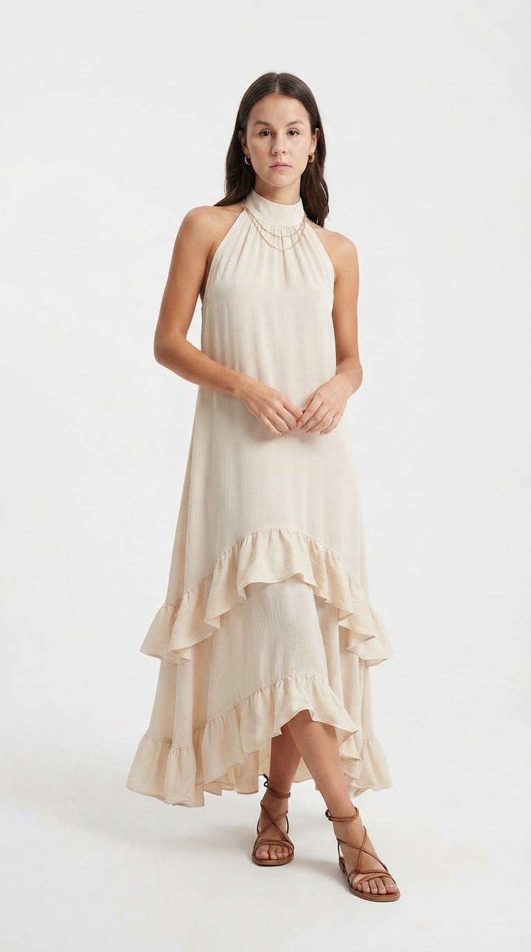 A woman modeling a sleeveless, high-neck, tiered midi dress in a light cream or beige color, paired with brown strappy sandals, against a plain white studio background, from Meleche Fashion USA or Meléche (short as (Mé))
