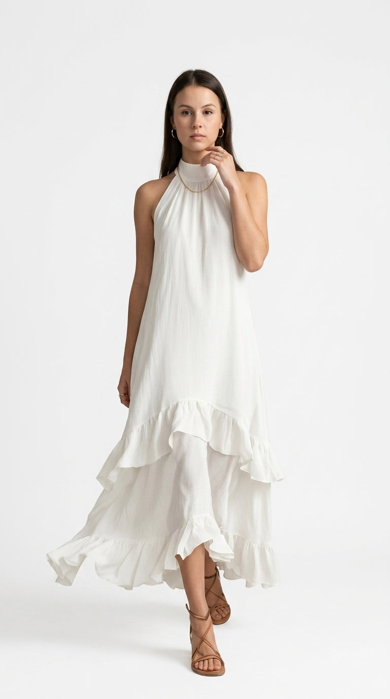 A woman modeling a sleeveless white halter-neck dress with a high-low ruffled hem, paired with brown strappy sandals, against a plain white studio background, from Meleche Fashion USA or Meléche (short as (Mé))