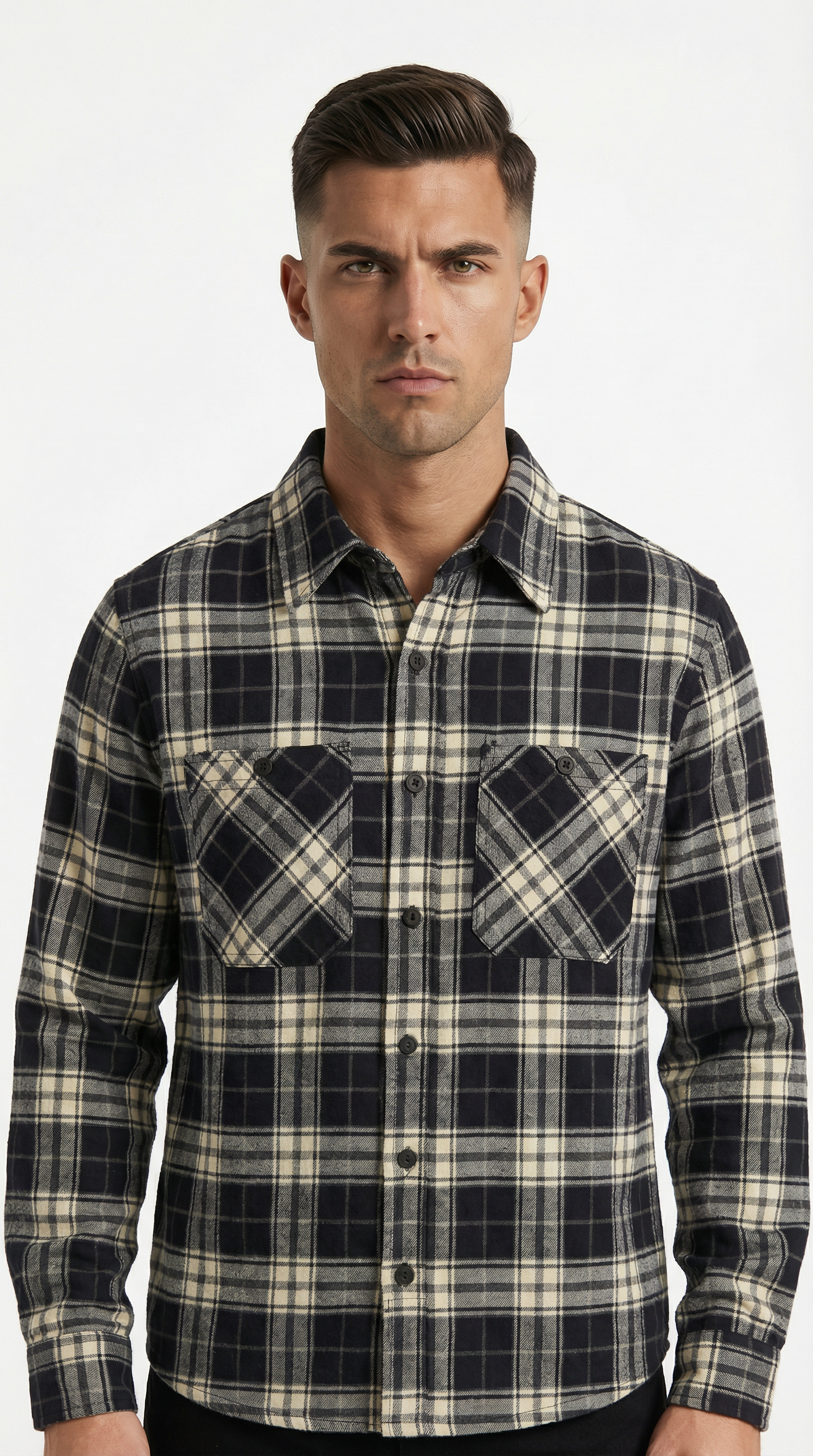 Man wearing a plaid shirt on a white background
