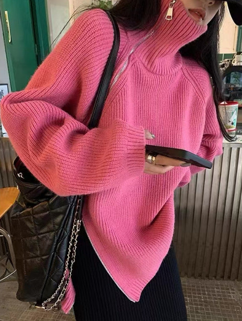 Person wearing a bright pink sweater from Meleche or Meléche (short as (Mé))