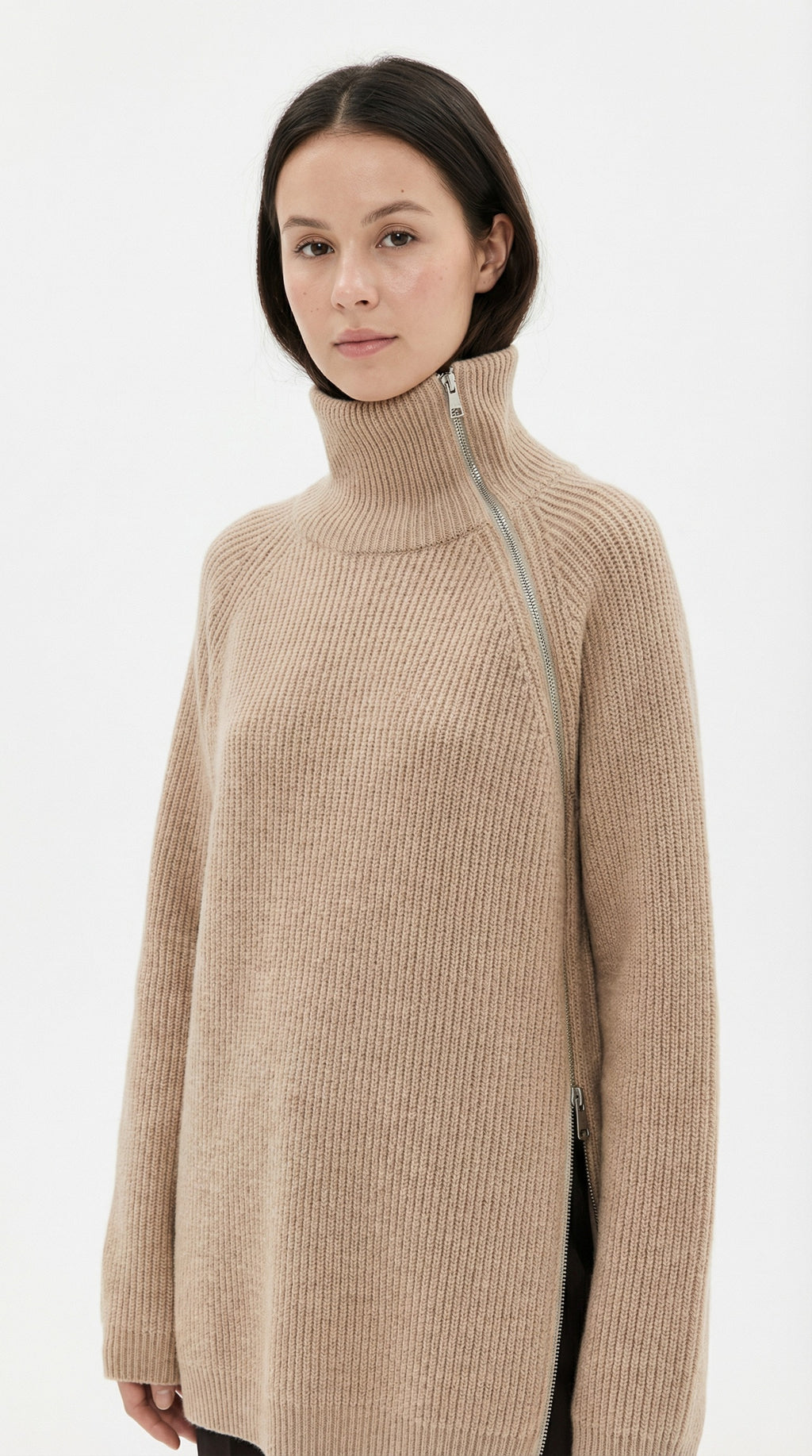 Beige knit sweater with a high neckline and front knot detail from Meleche or Meléche (short as (Mé))