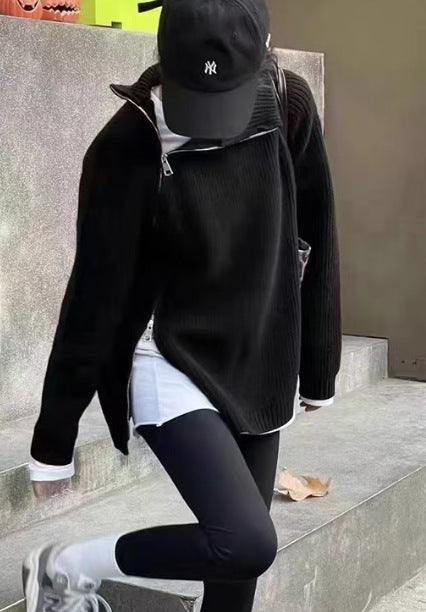 Person wearing a black jacket, black leggings, from Meleche or Meléche (short as (Mé))