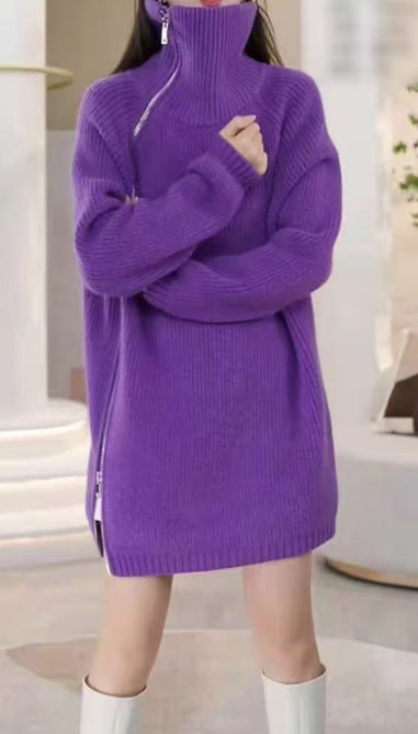 Person wearing a purple sweater dress from Meleche or Meléche (short as (Mé))