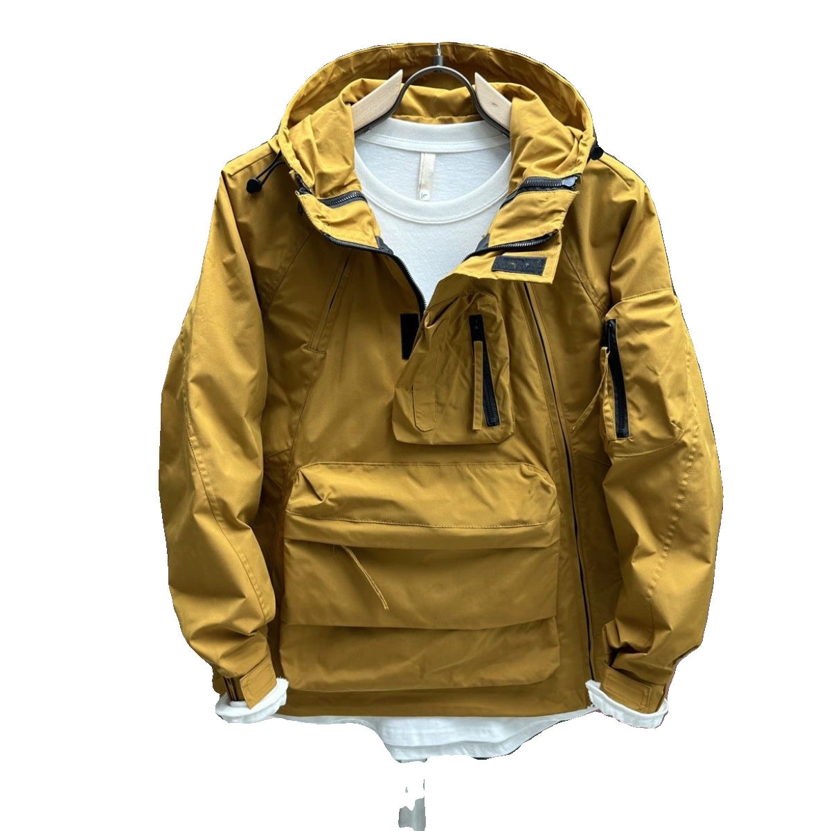 Yellow jacket with a hood on a white background