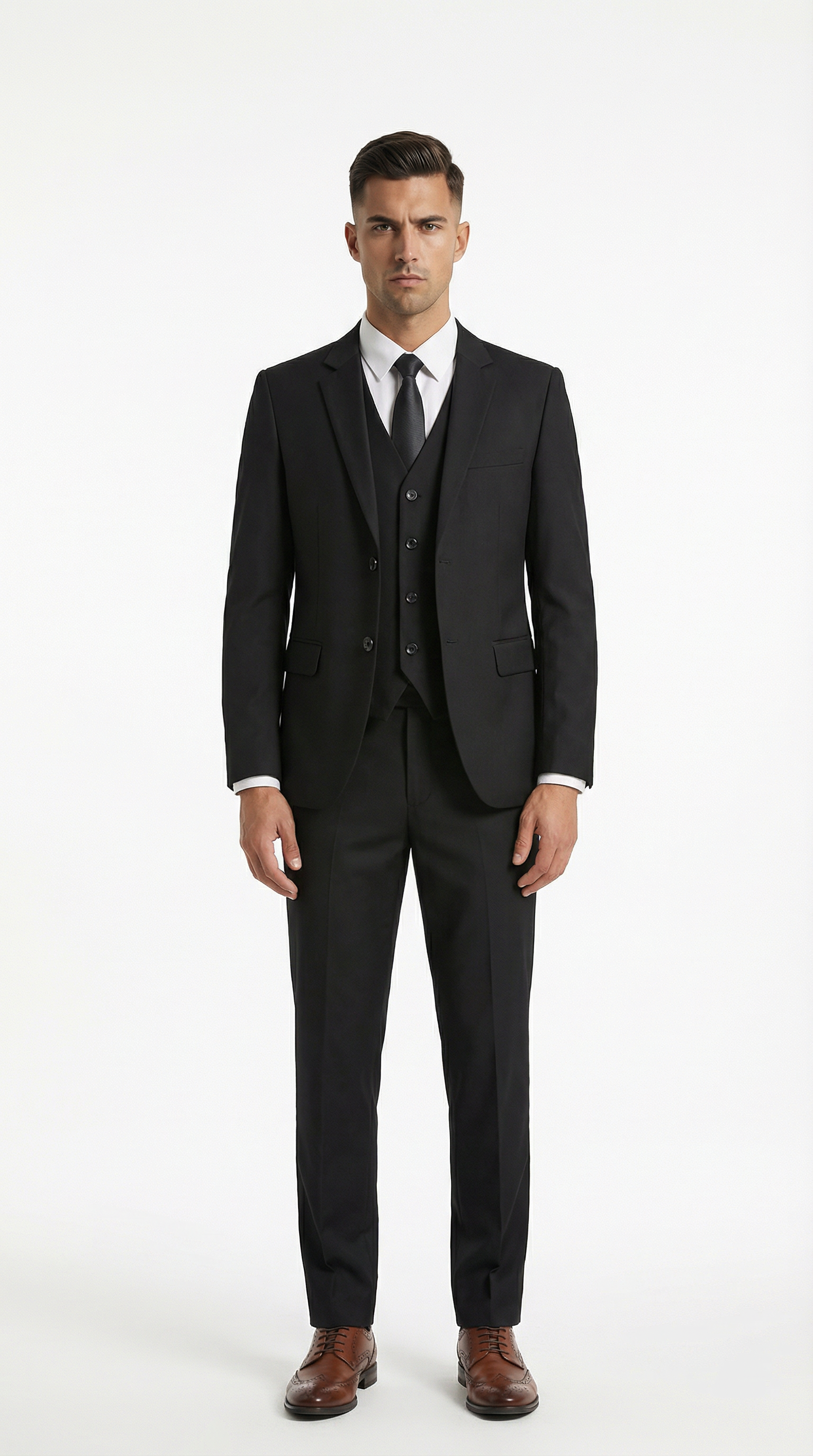 Man wearing a black suit with a white shirt and brown shoes from Meleche or Meléche (short as (Mé))