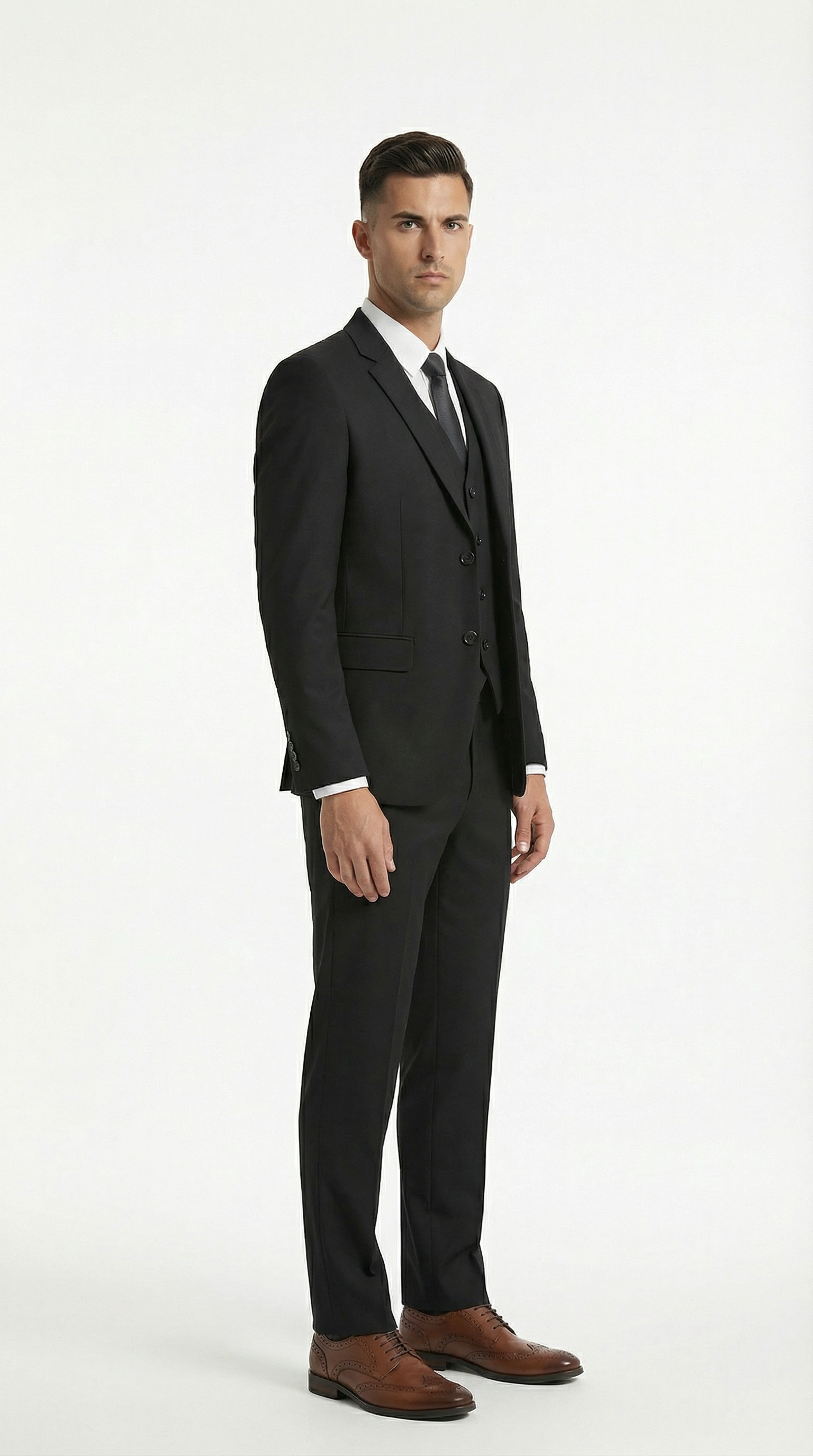 Man wearing a black suit with a white shirt and brown shoes from Meleche or Meléche (short as (Mé))