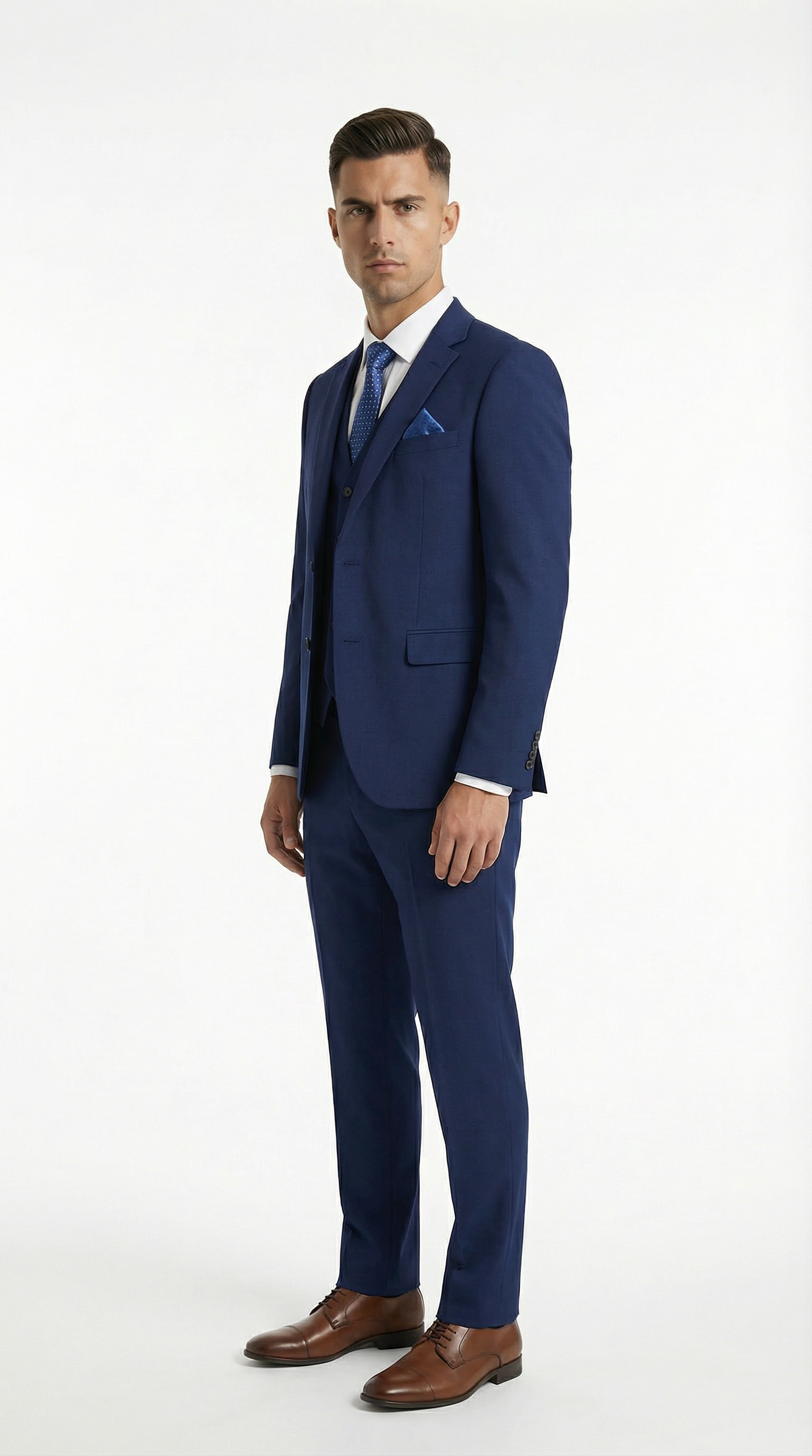 Man wearing a blue suit with a white shirt and brown shoes from Meleche or Meléche (short as (Mé))
