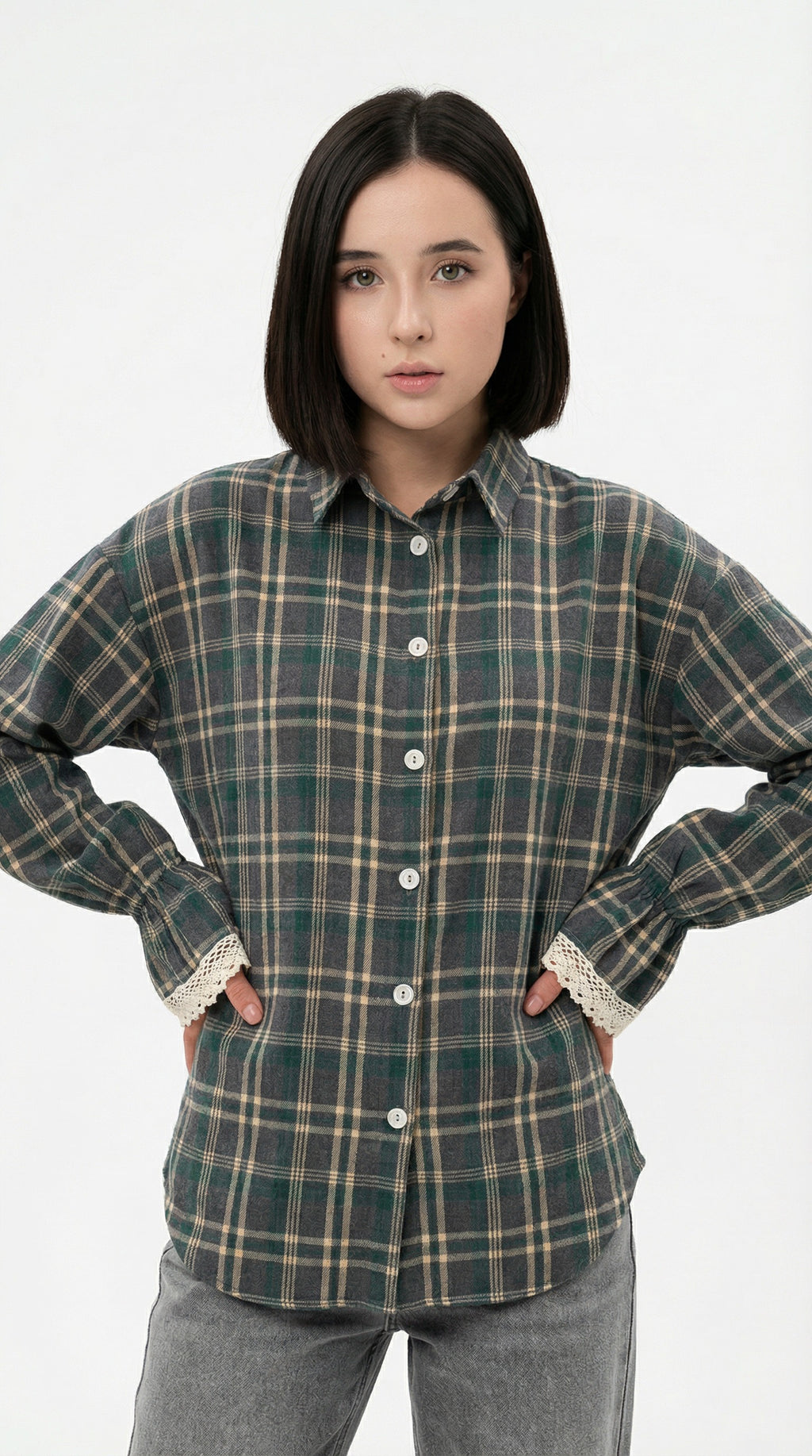 Person wearing a plaid shirt with a plain background from Meleche Fashion USA or Meléche (short as (Mé))