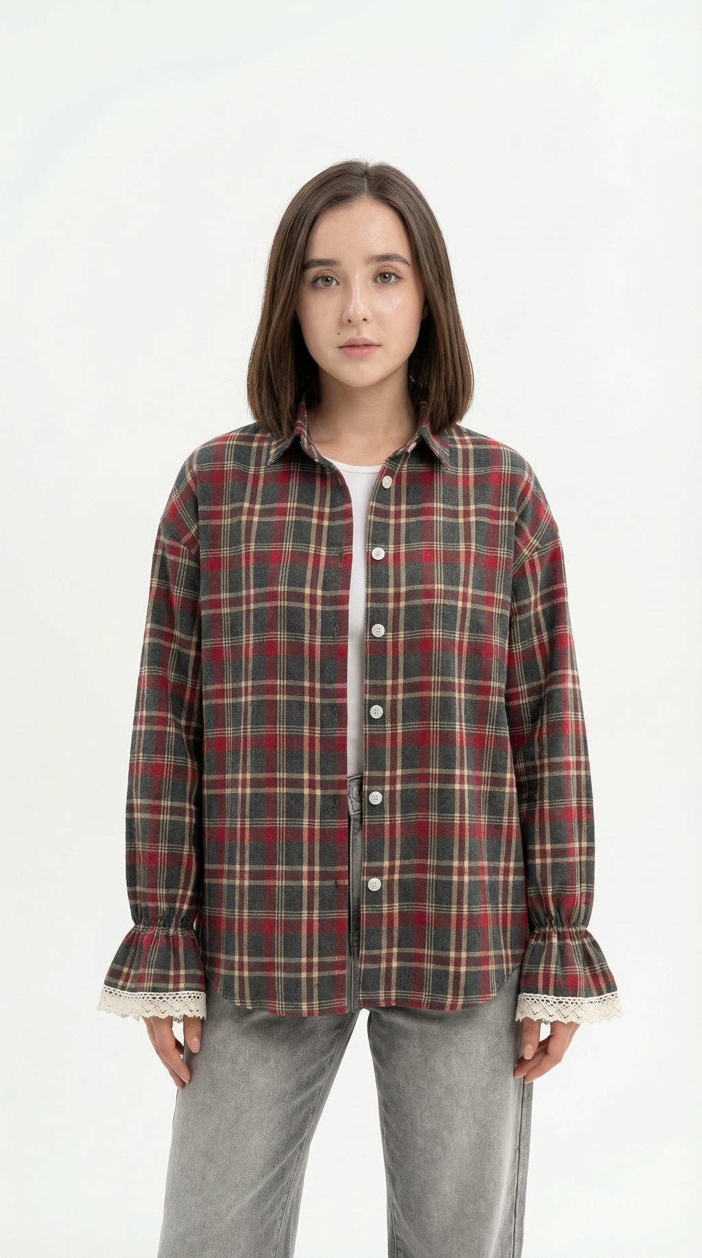 Person wearing a plaid shirt with a white background from Meleche Fashion USA or Meléche (short as (Mé))
