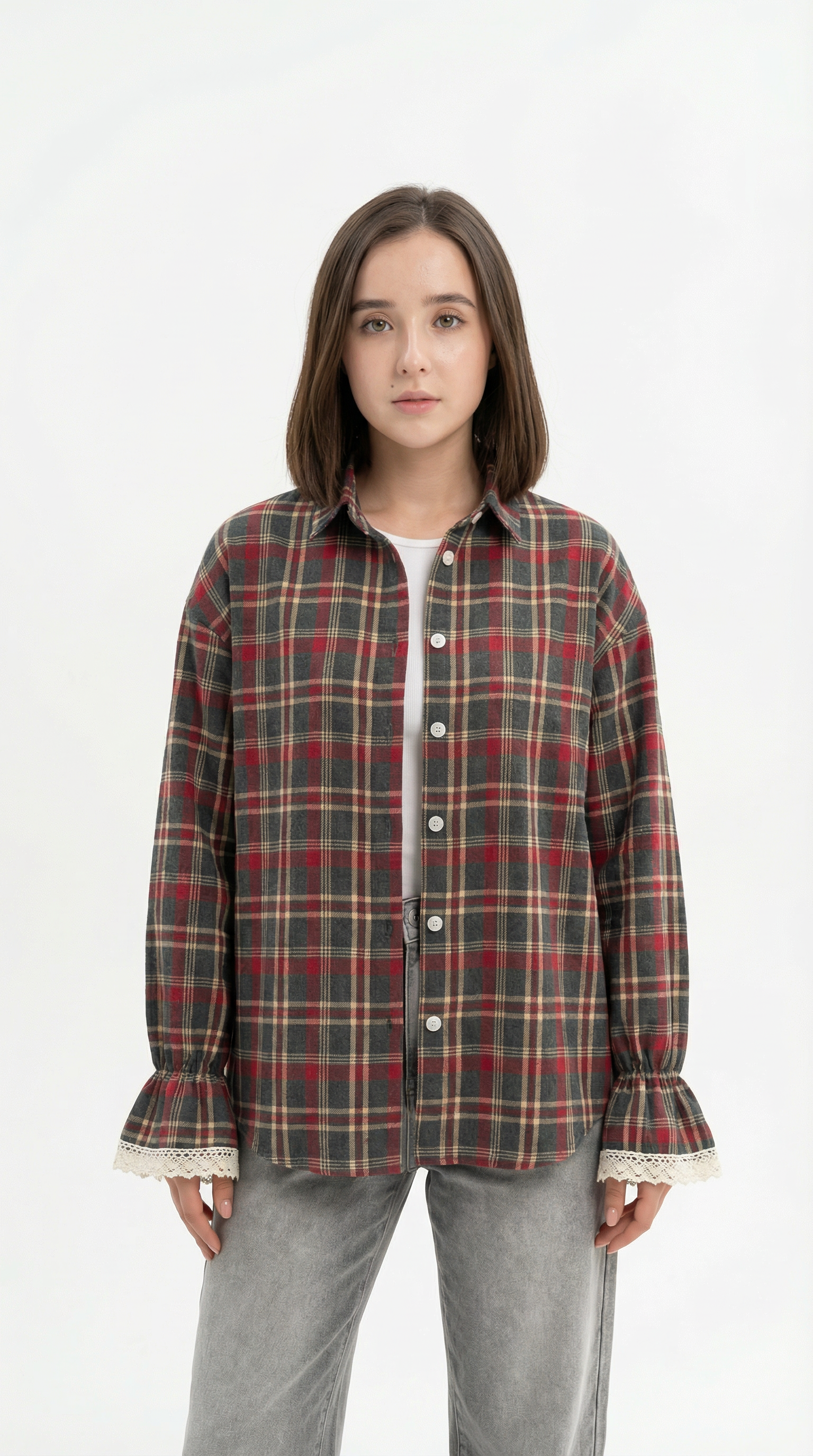 Person wearing a plaid shirt with a white background