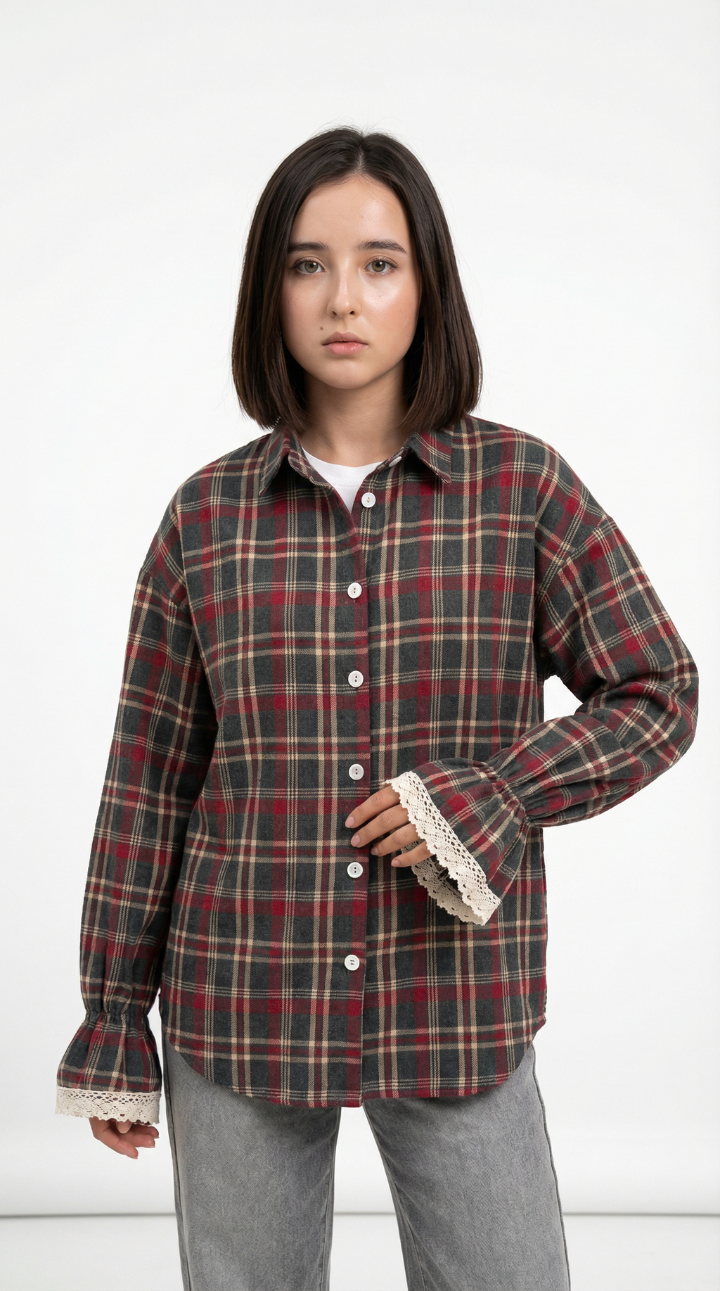 Person wearing a plaid shirt with lace trim on a white background from Meleche Fashion USA or Meléche (short as (Mé))