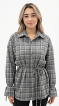 Woman wearing a plaid shirt dress on a white background from Meleche Fashion USA or Meléche (short as (Mé))