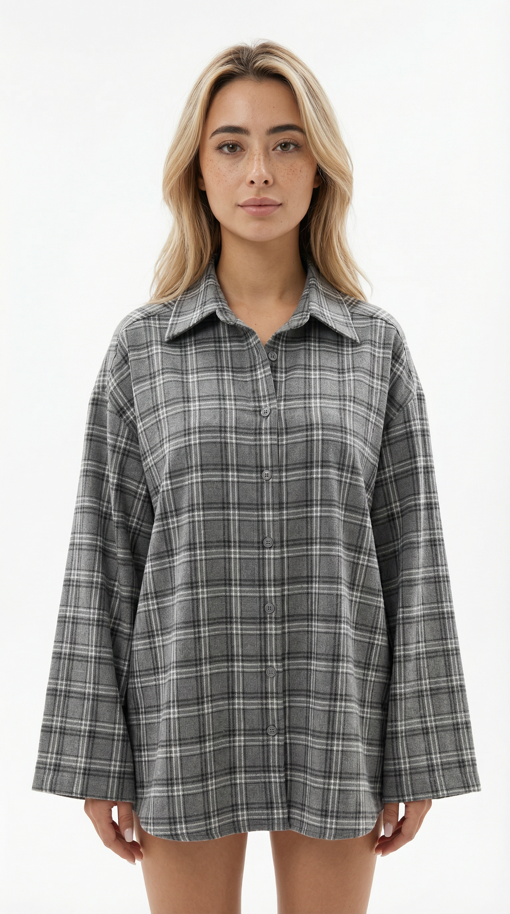 Woman wearing a gray plaid shirt on a white background from Meleche Fashion USA or Meléche (short as (Mé))