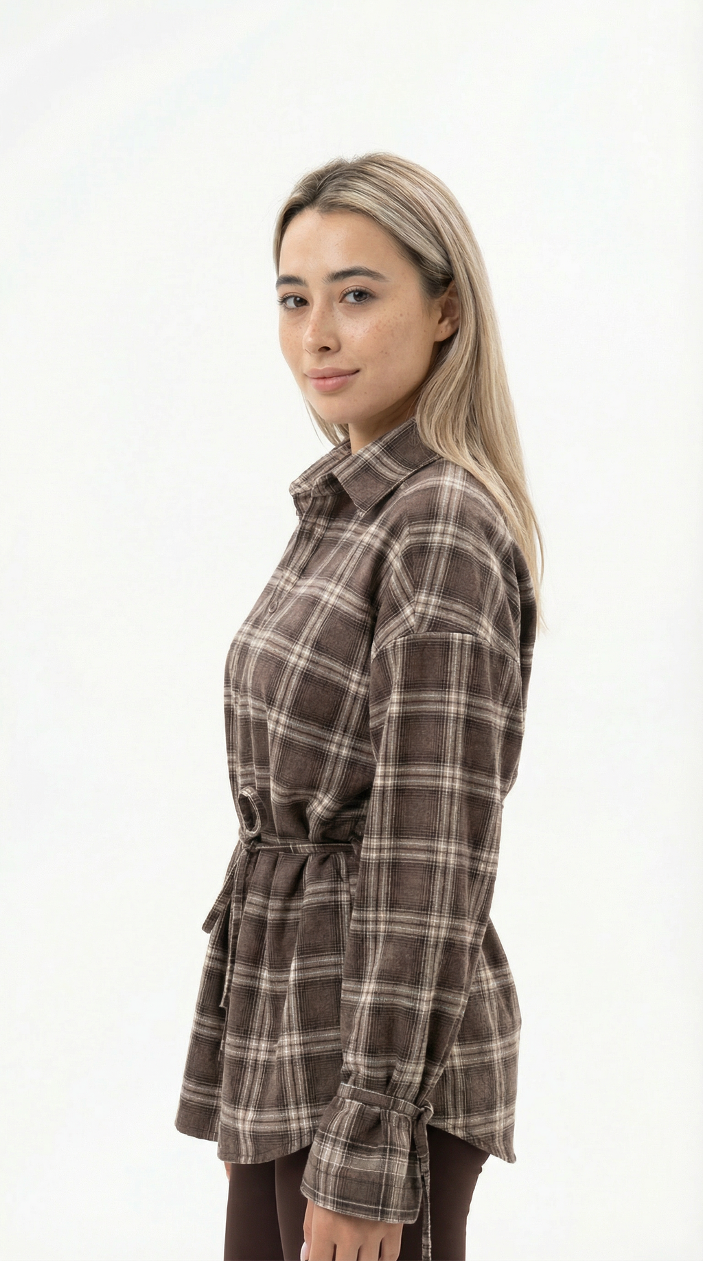 Woman wearing a plaid shirt dress on a white background from Meleche Fashion USA or Meléche (short as (Mé))