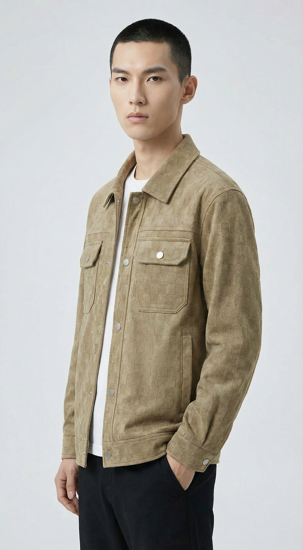 Man wearing a beige jacket from Meleche or Meléche (short as (Mé)) on a white background