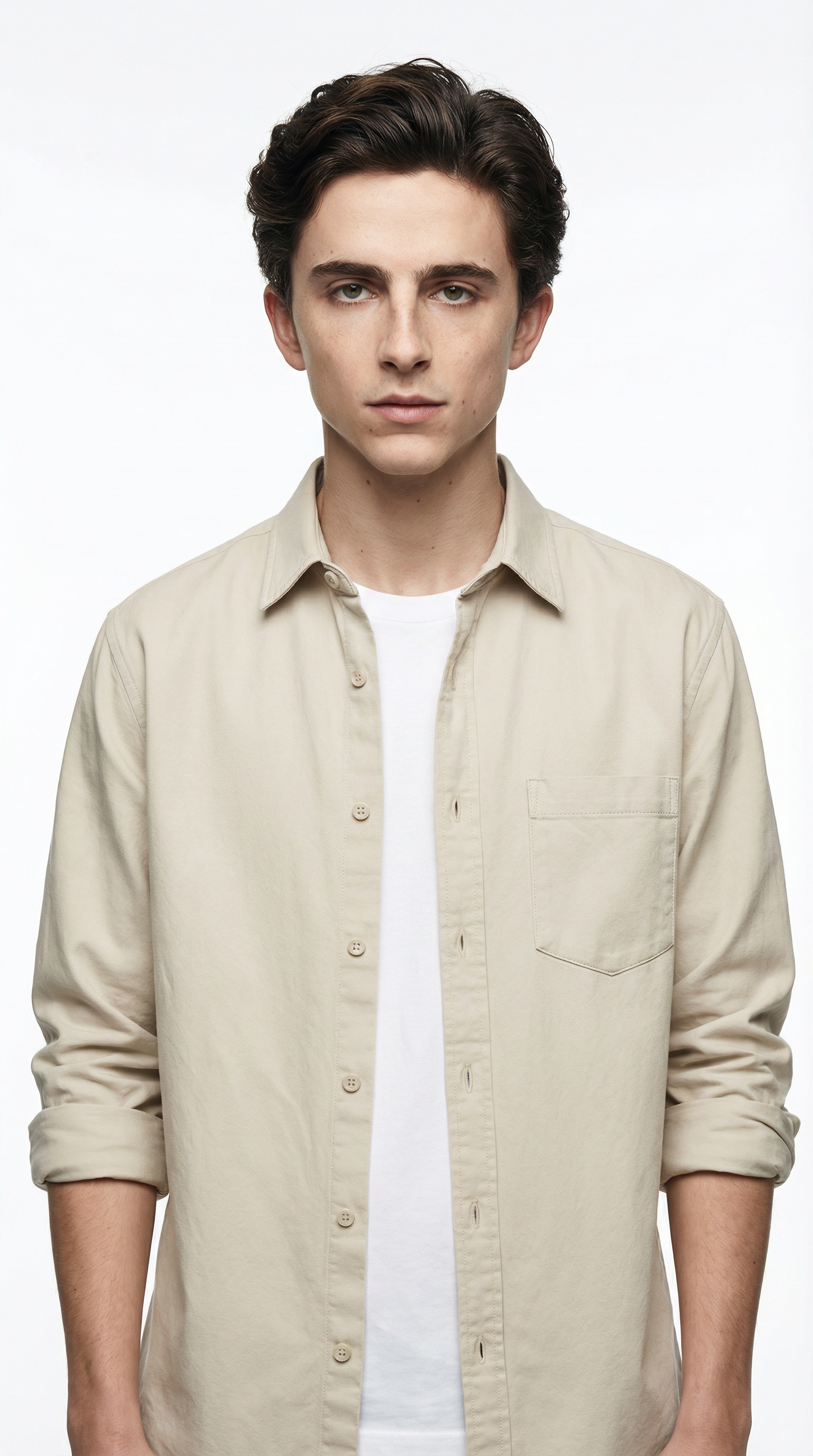 Man wearing a beige shirt over a white shirt on a white background