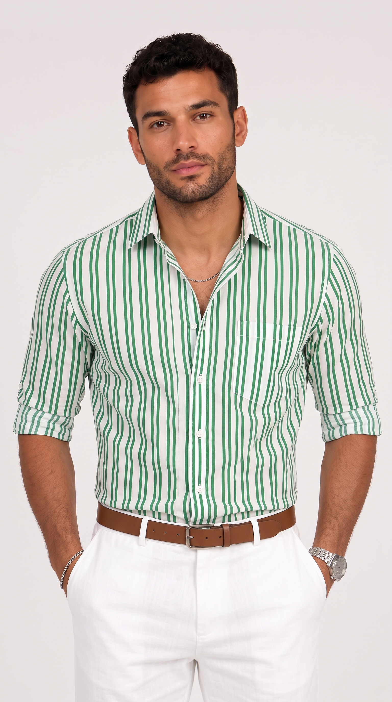 A man wearing a green and white vertically striped button-down shirt with white trousers and a brown belt, standing against a light gray studio background, from Meleche Fashion USA or Meléche (short as (Mé))