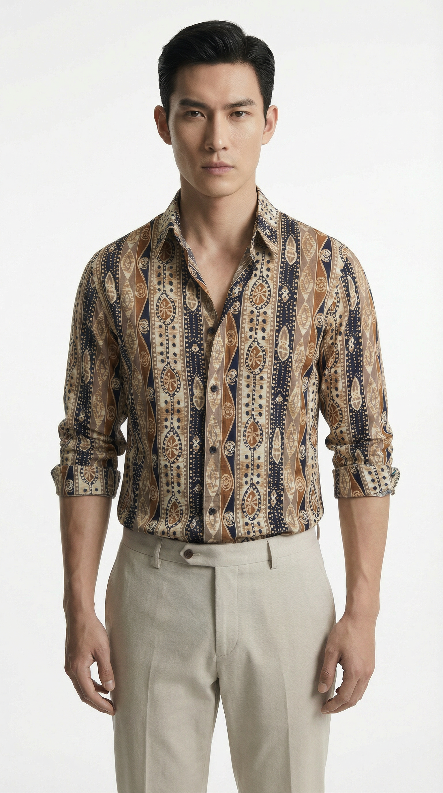 Man wearing a patterned shirt and beige pants from Meleche or Meléche (short as (Mé))