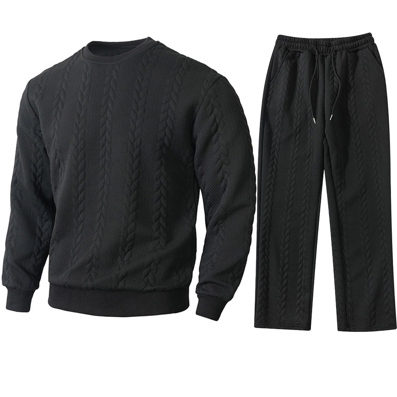 Black cable knit sweatshirt and pants set on a white background