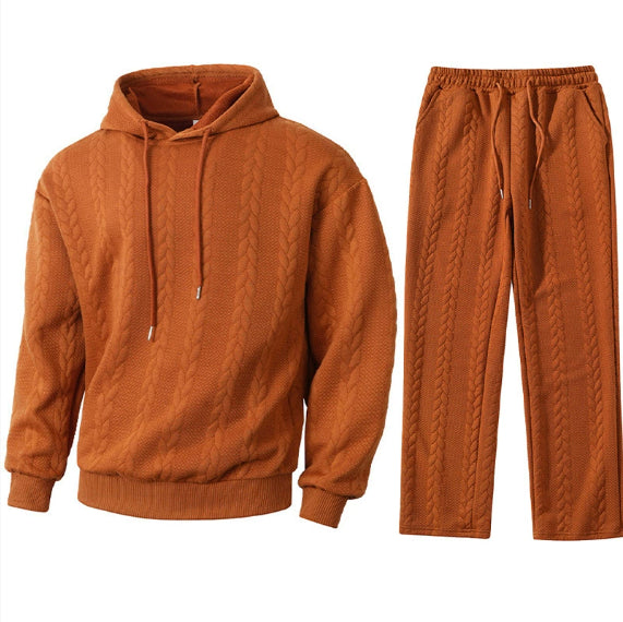 Brown cable knit hoodie and pants set on a white background