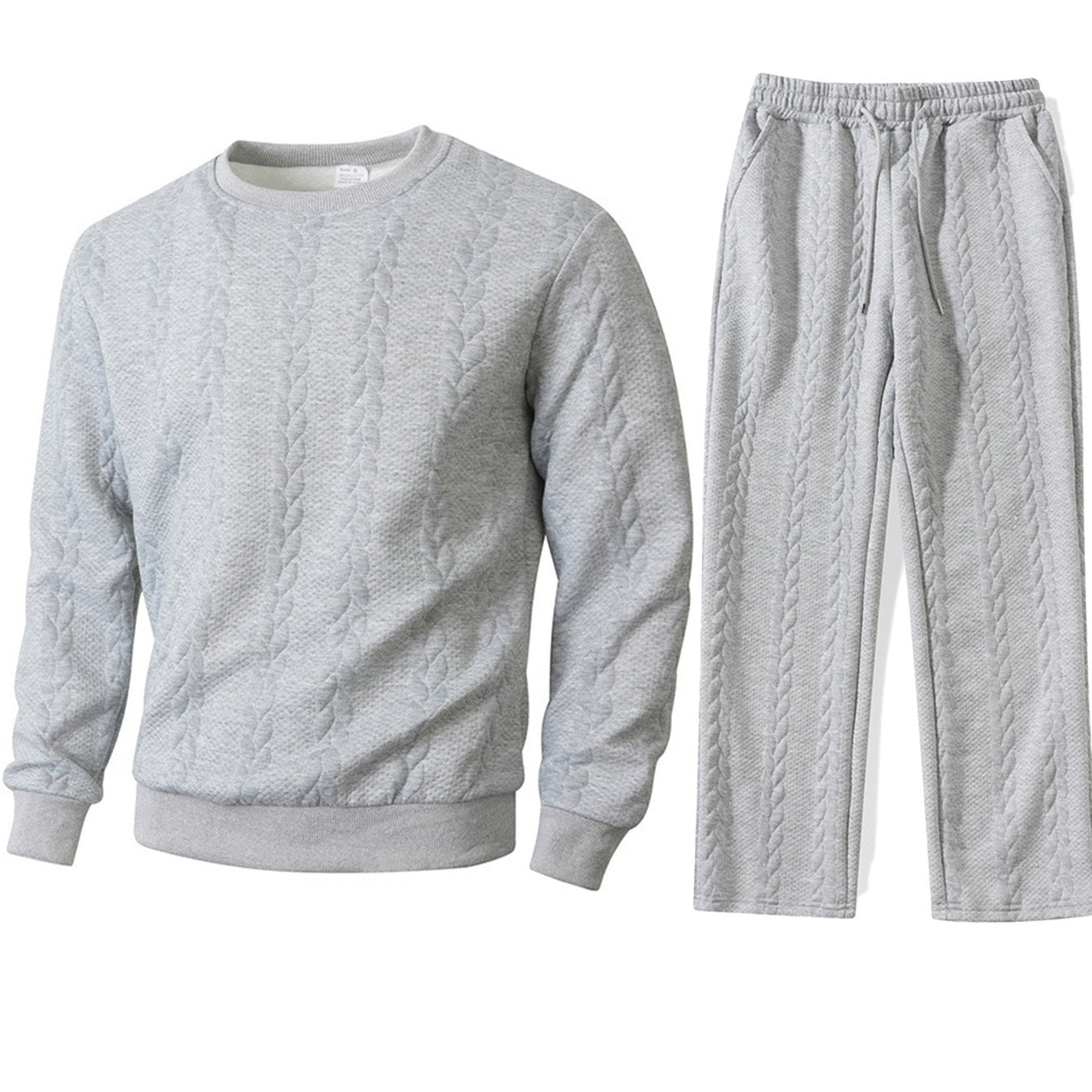 Gray cable knit sweatshirt and pants set on a white background