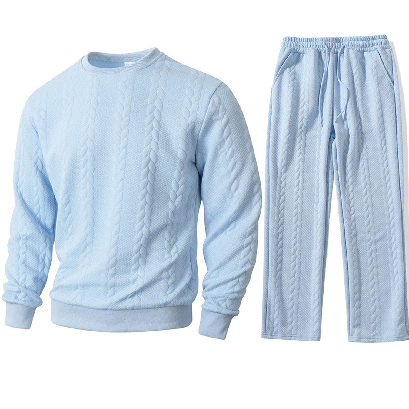 Light blue quilted sweatshirt and pants set on a white background