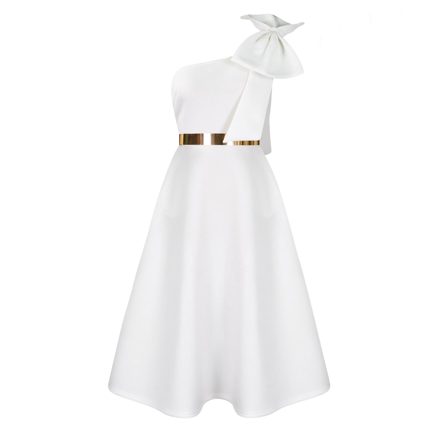 White one-shoulder dress with a gold belt from Meleche or Meléche (short as (Mé))