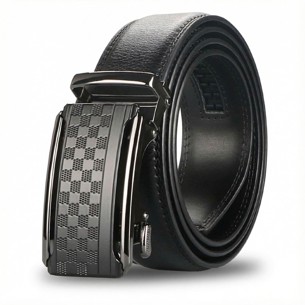 Eli Black leather belt with a checkered buckle on a white background
