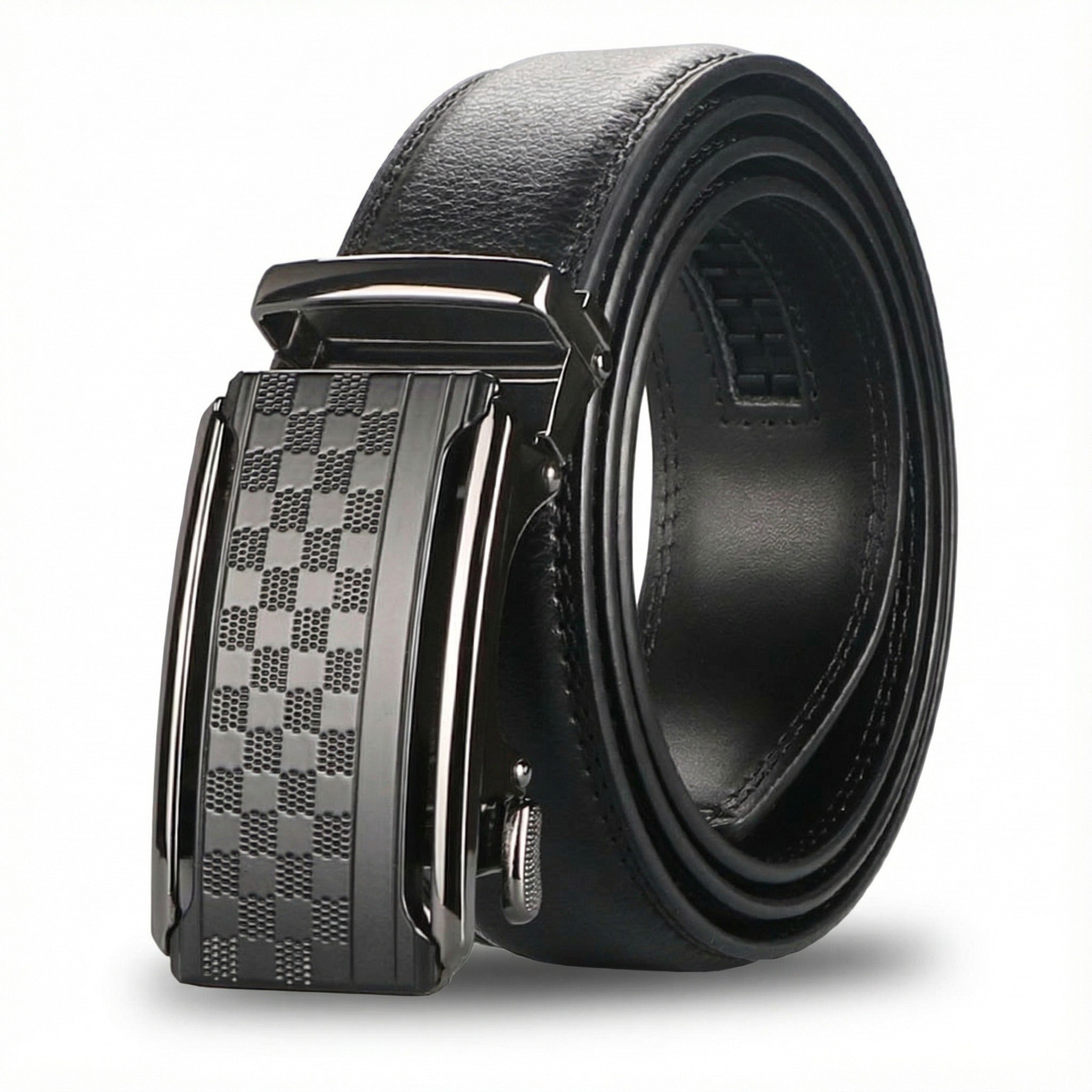 Eli Black leather belt with a checkered buckle on a white background