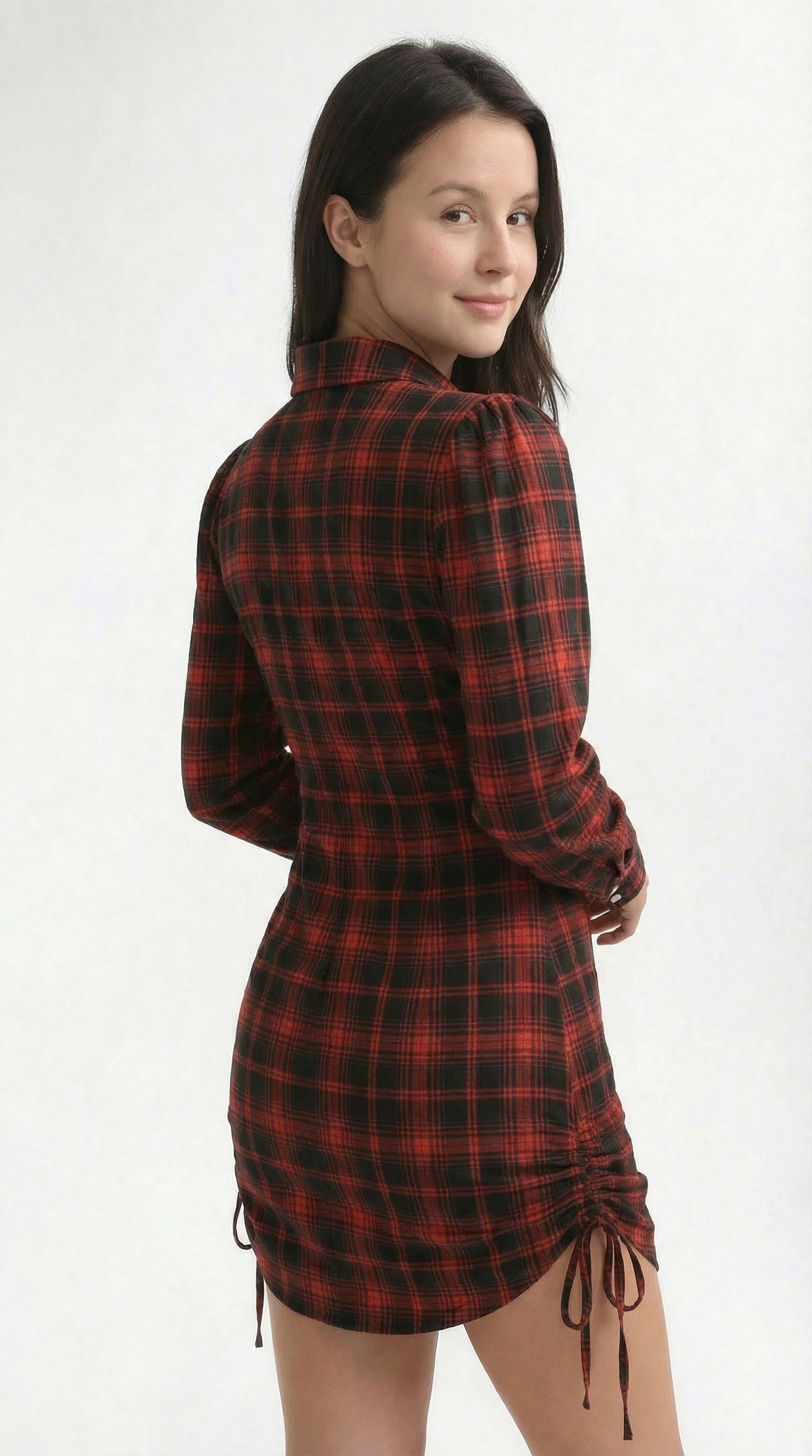 Red and black plaid dress worn by a model in various settings from Meleche or Meléche (short as (Mé))