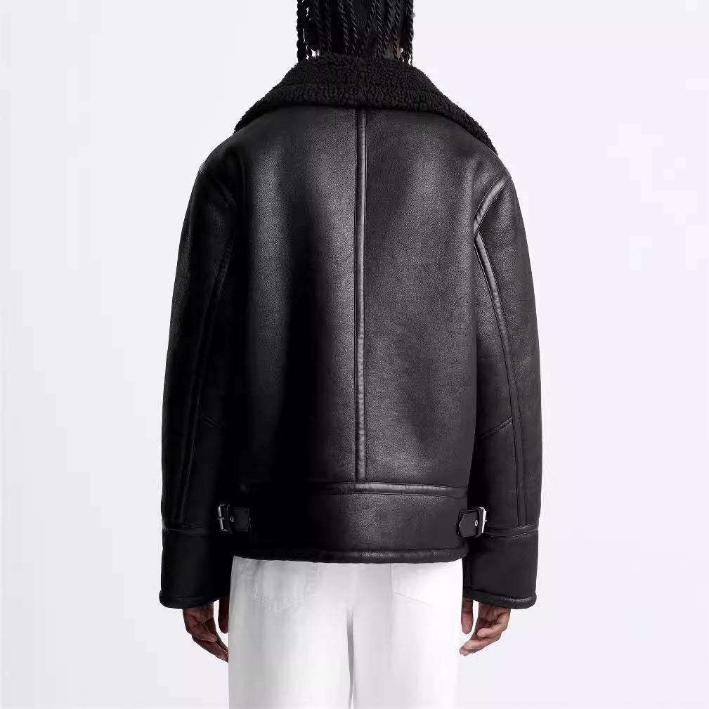 Black leather jacket Meleche or Meléche (short as (Mé)) worn by a person on a white background