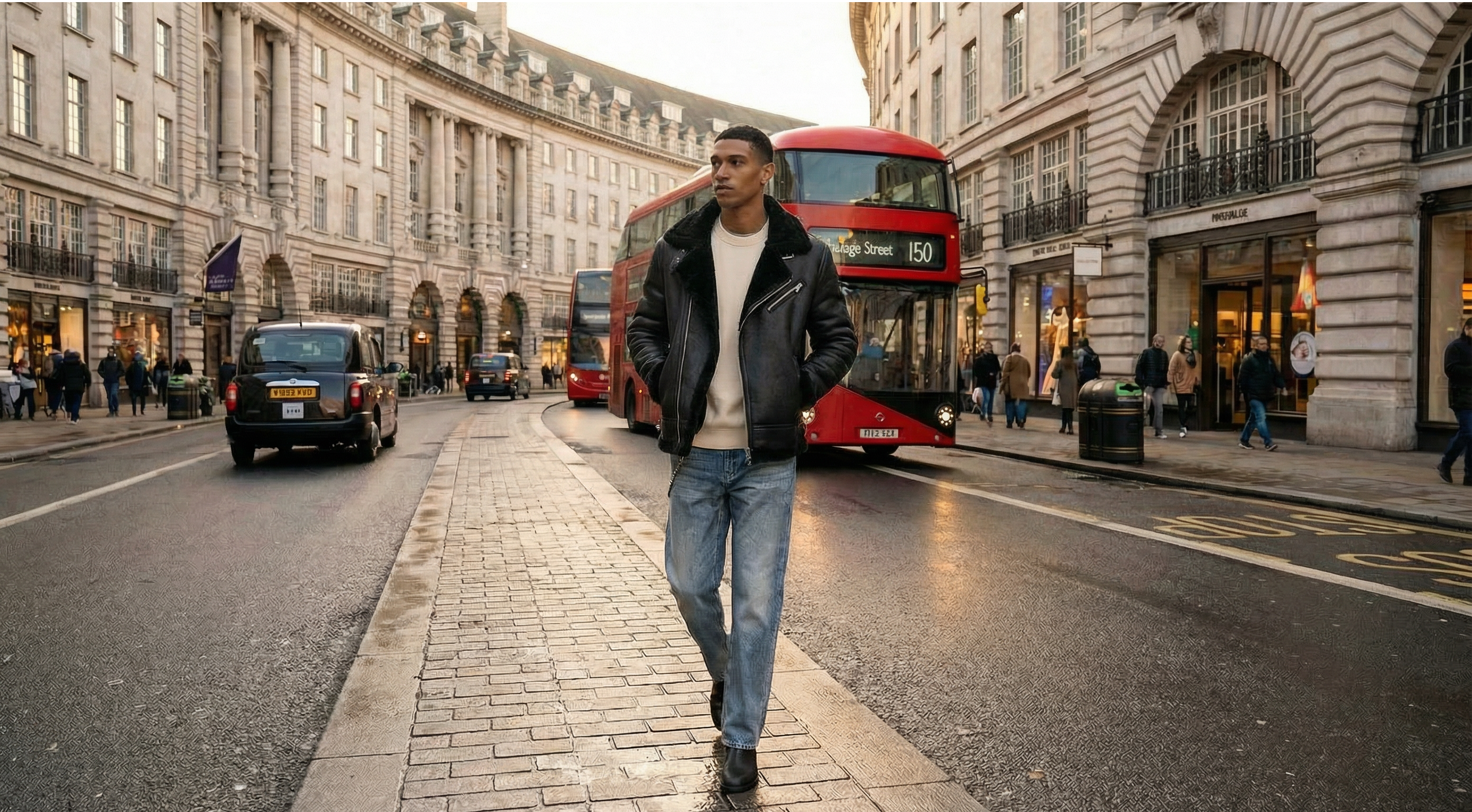 Man walking on London city street with a red double-decker London bus in the background