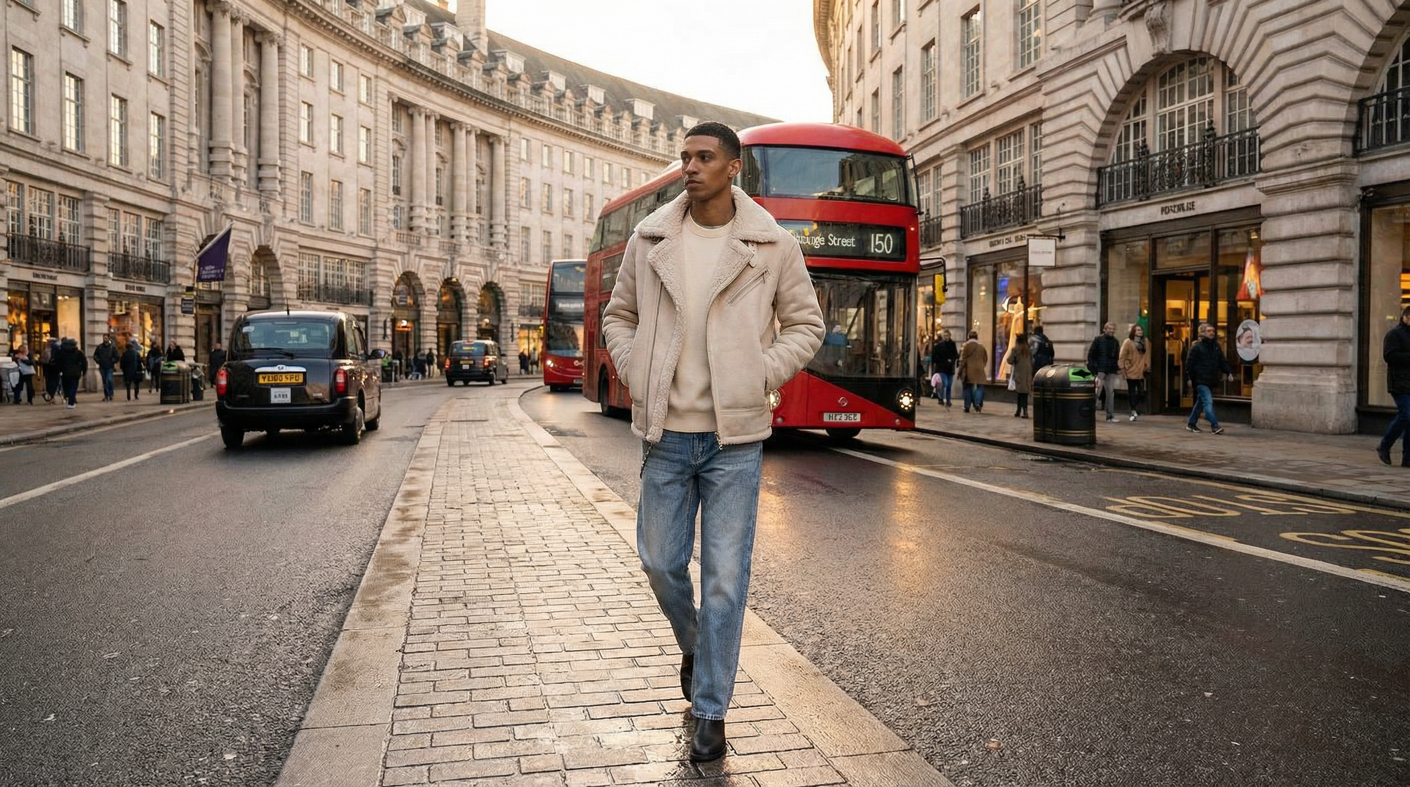 Man walking on UK city street with double-decker London buses in the background