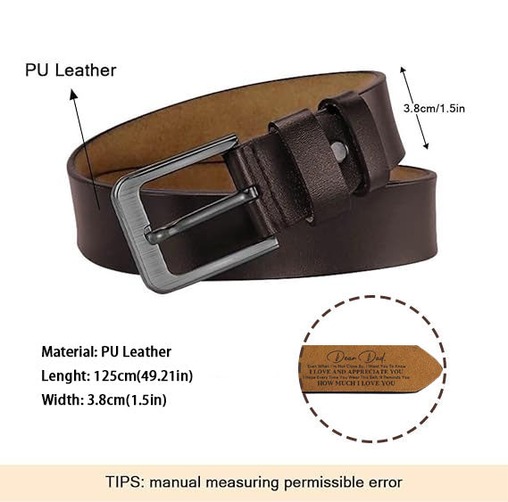 Brown leather belt with measurements and material details from Meleche or Meléche (short as (Mé))