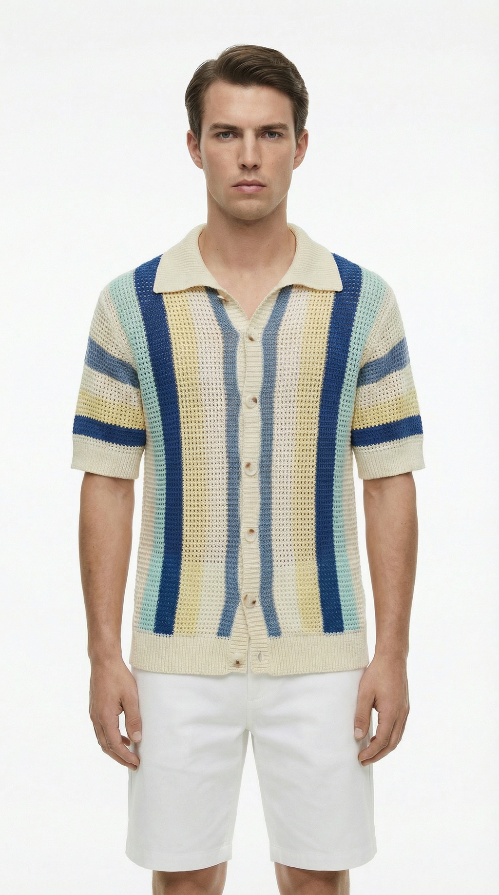 Man wearing a striped short-sleeve shirt and white shorts from Meleche or Meléche (short as (Mé))