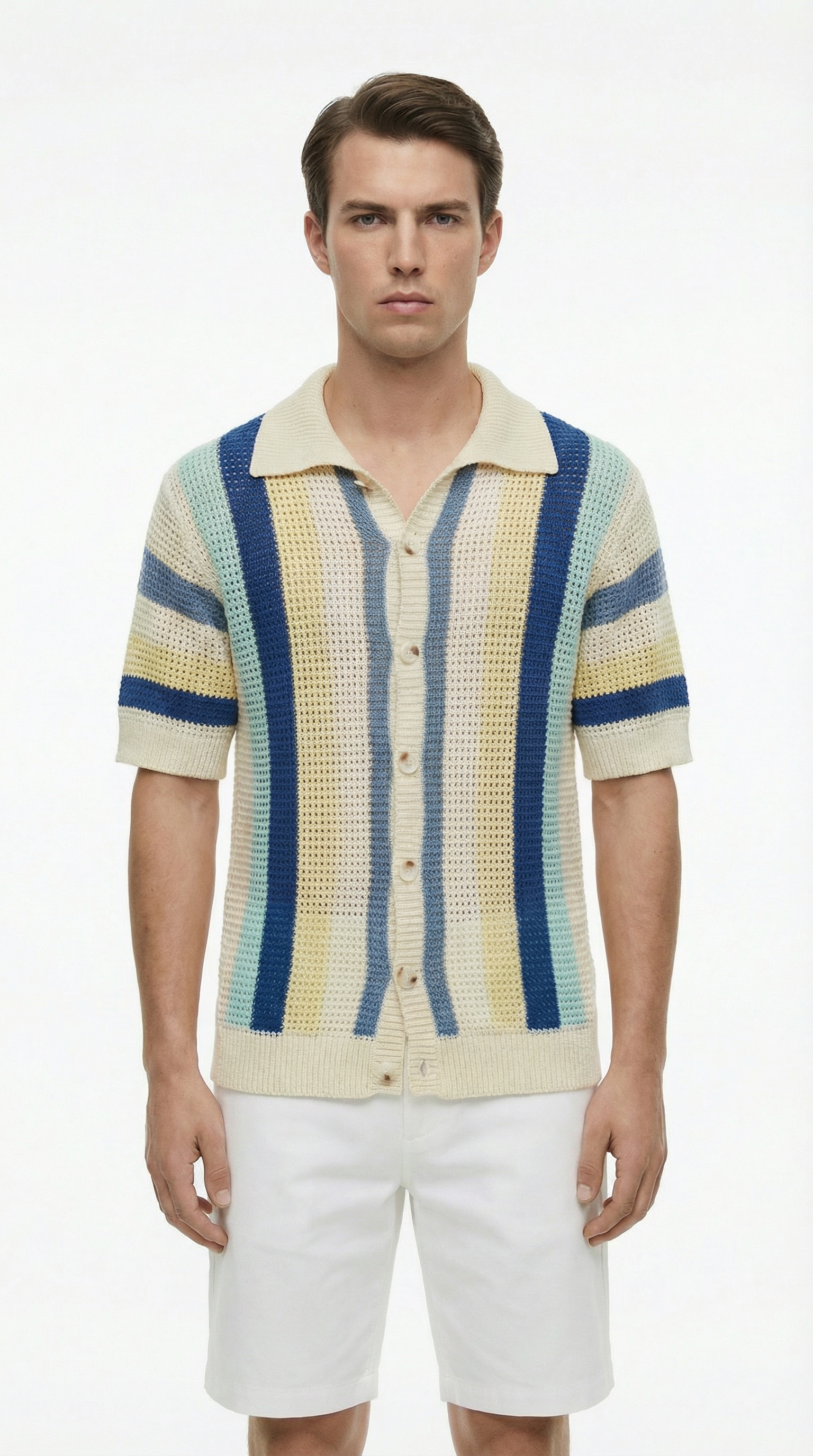 Man wearing a striped short-sleeve shirt and white shorts from Meleche or Meléche (short as (Mé))