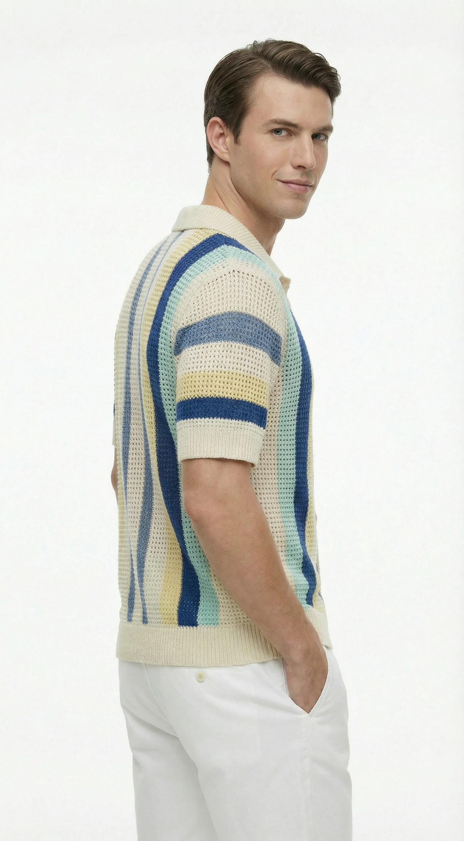 Man wearing a striped polo shirt pants from Meleche or Meléche (short as (Mé))