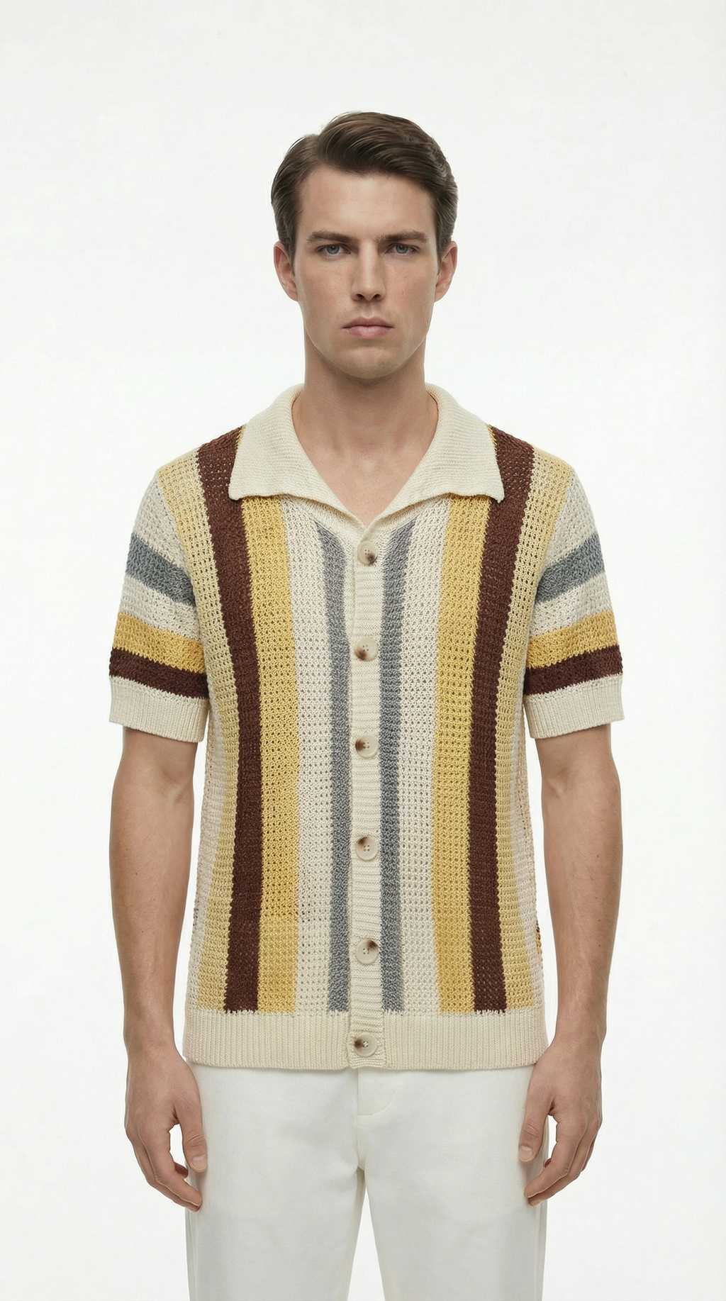 Man wearing a striped short-sleeve shirt with a white background