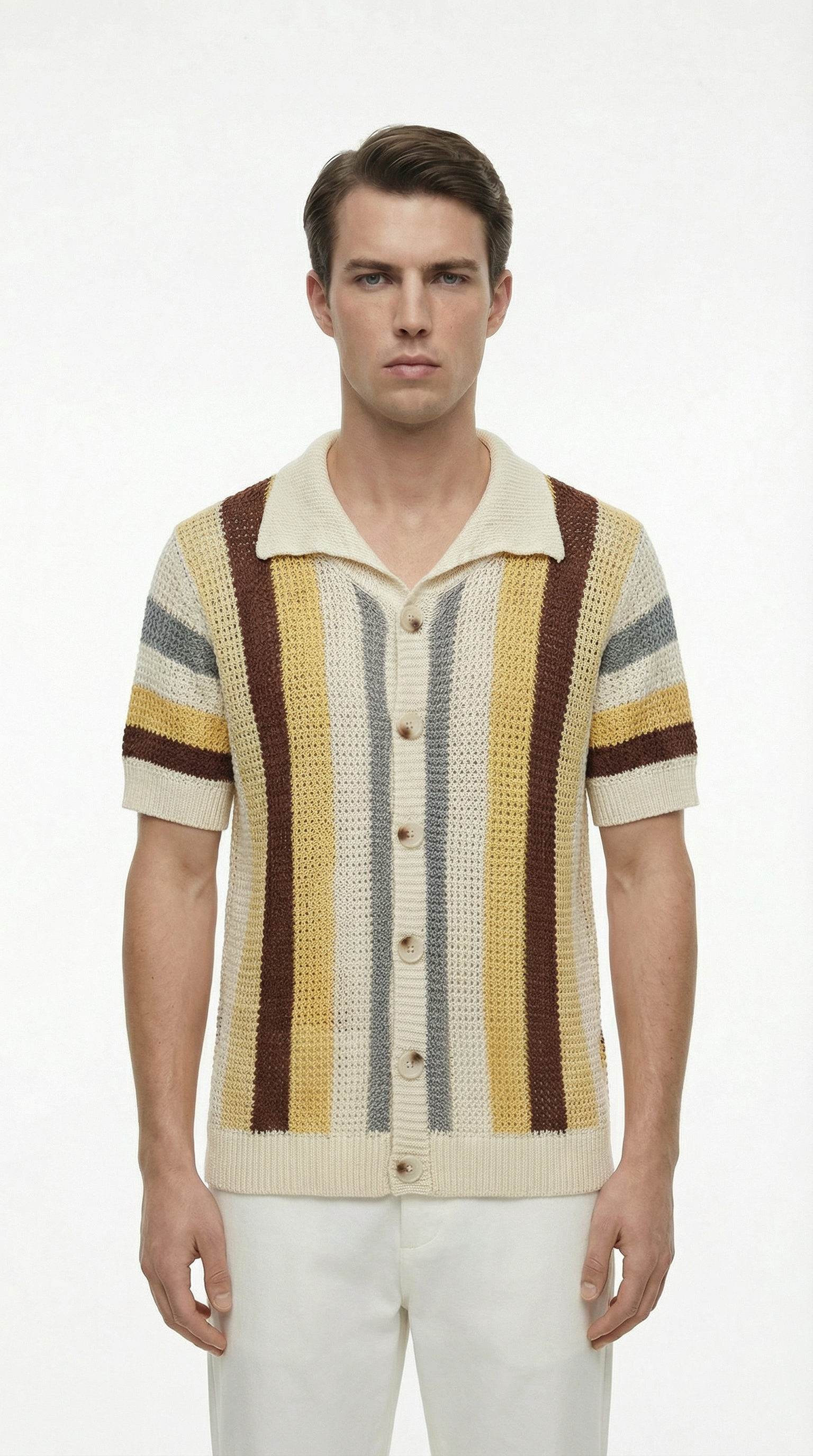 Man wearing a striped short-sleeve shirt with a white background