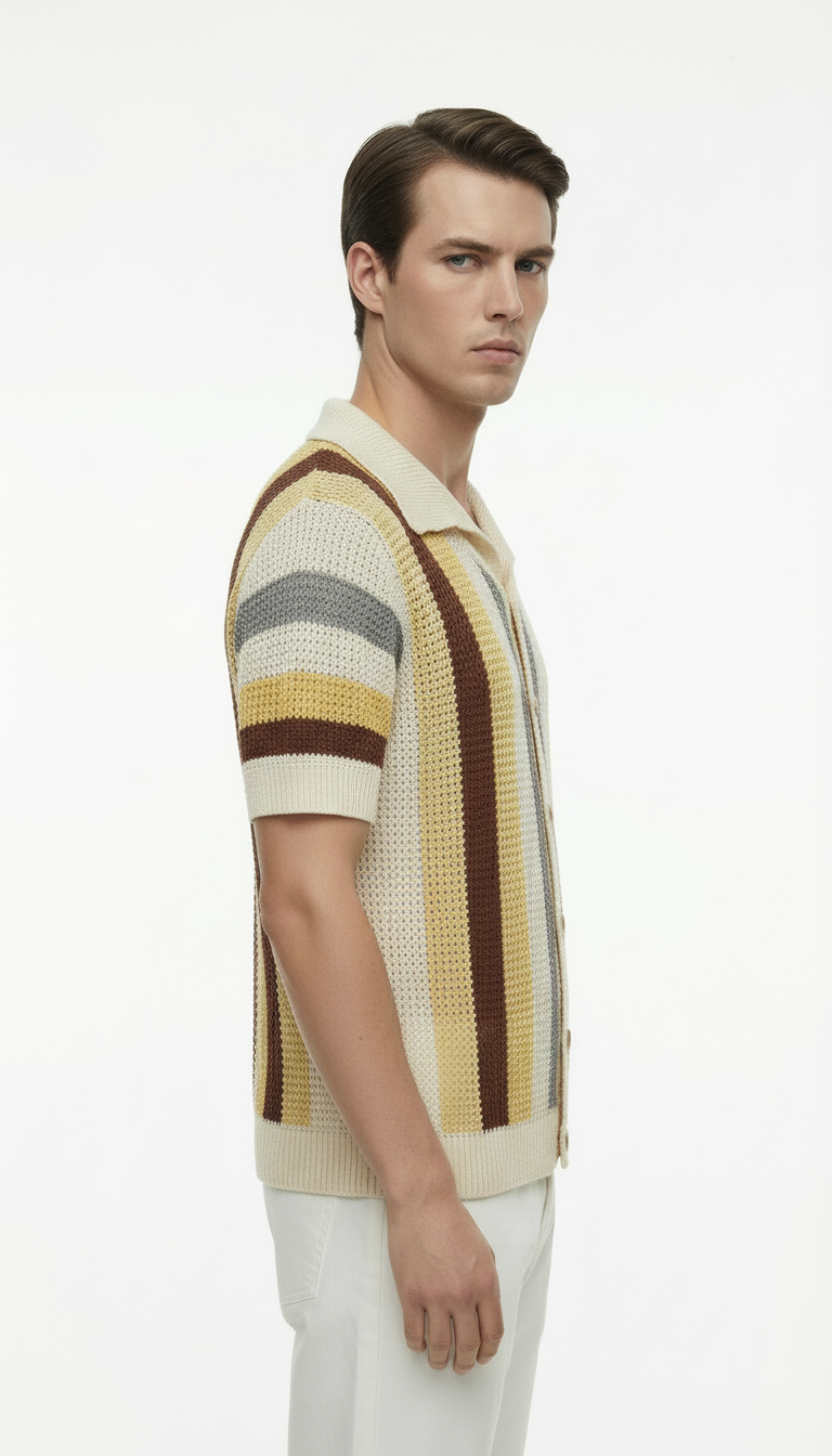 Man wearing a striped short-sleeve shirt on a white background