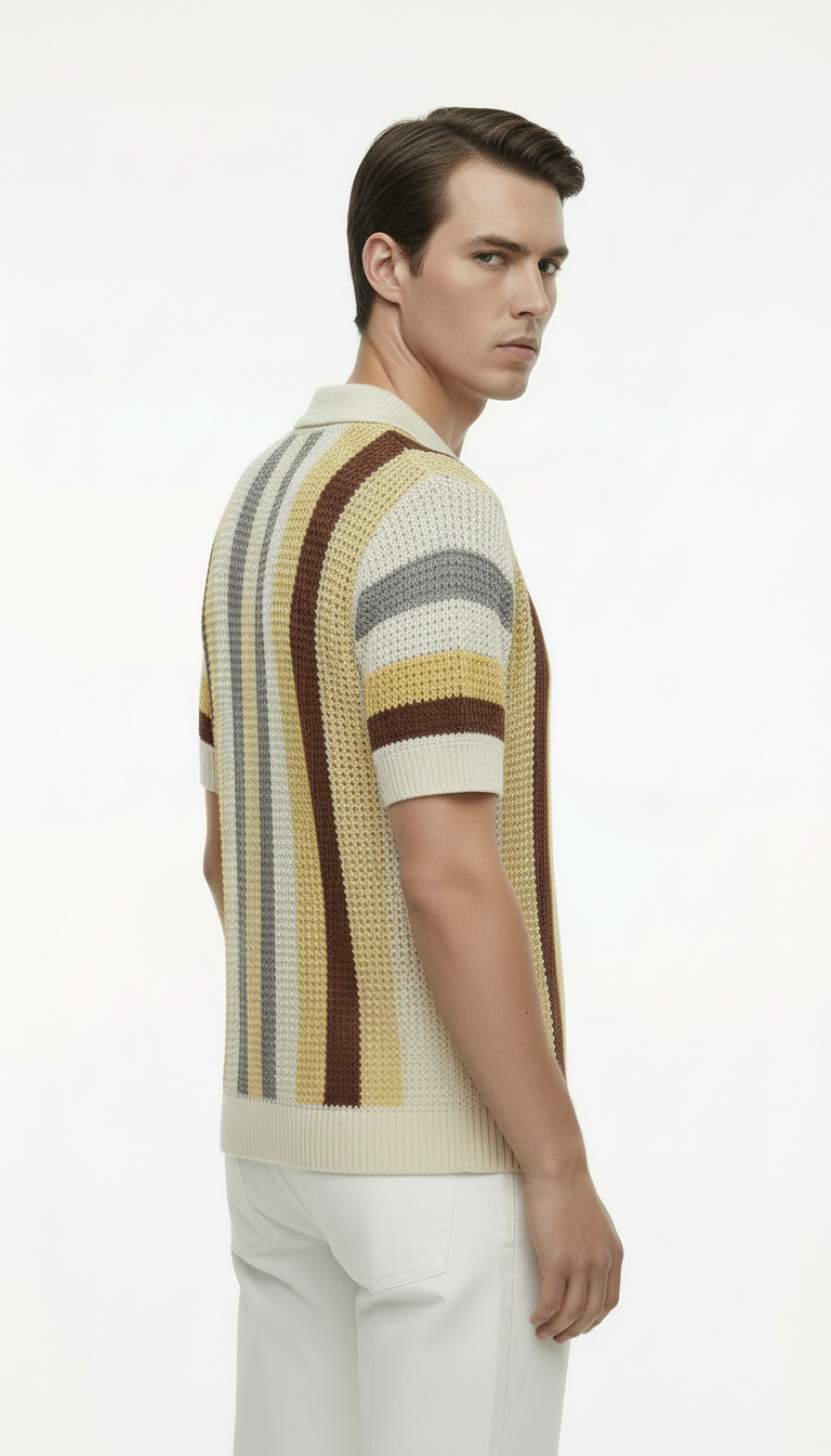 Man wearing a striped polo shirt on a white background