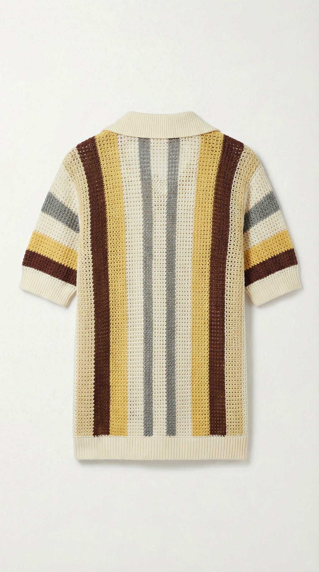 Striped sweater with brown, yellow, and gray pattern on a white background