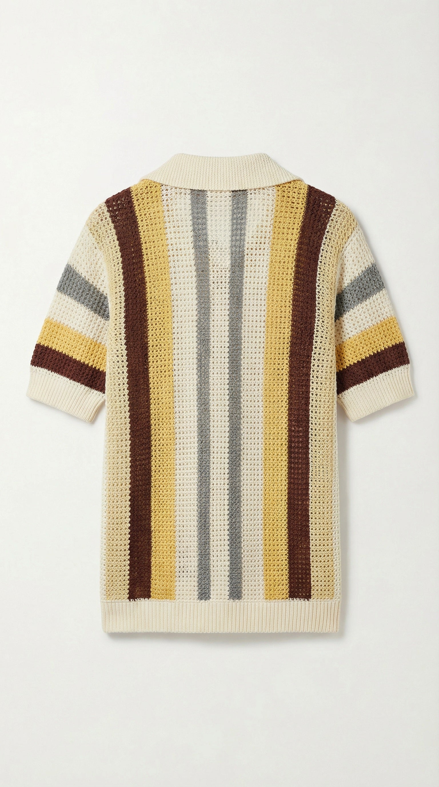 Striped sweater with brown, yellow, and gray pattern on a white background