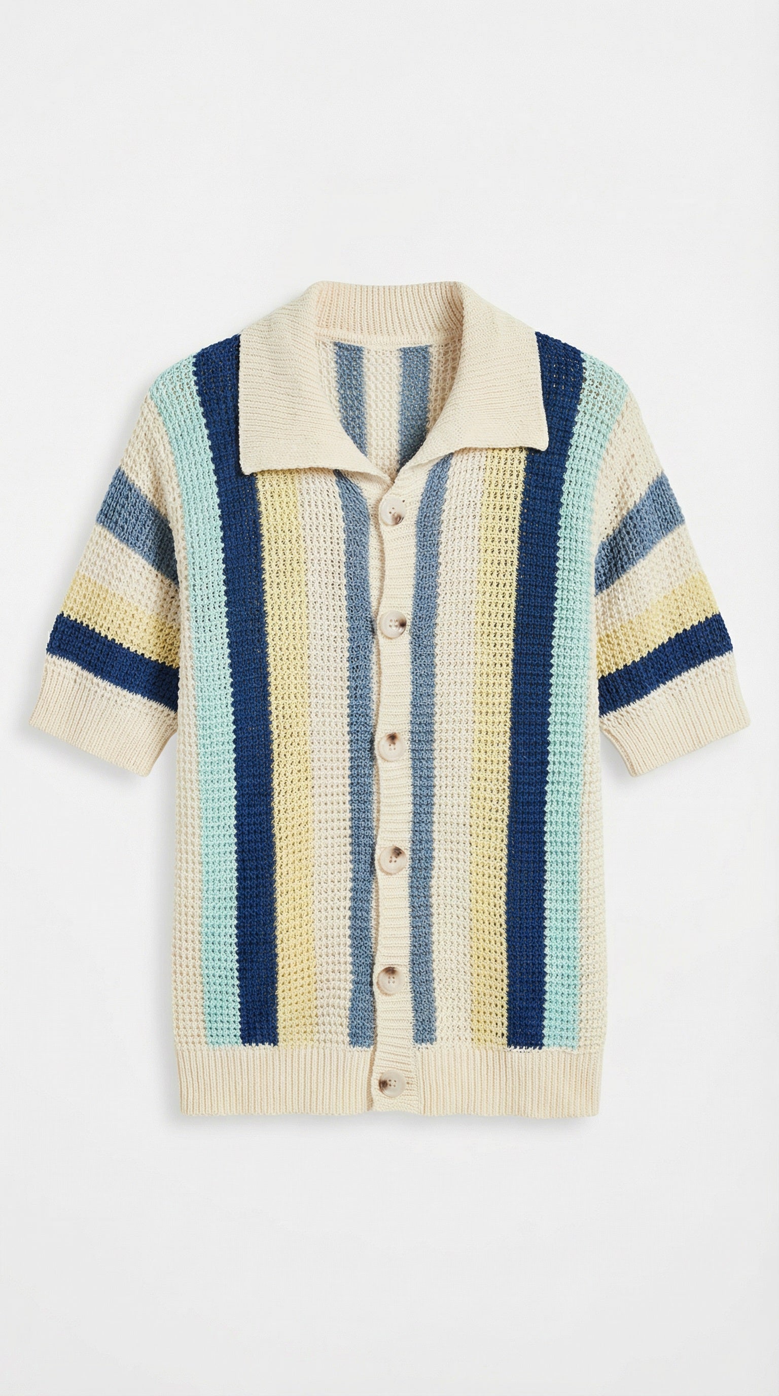 Striped knitted cardigan with a collar on a white background