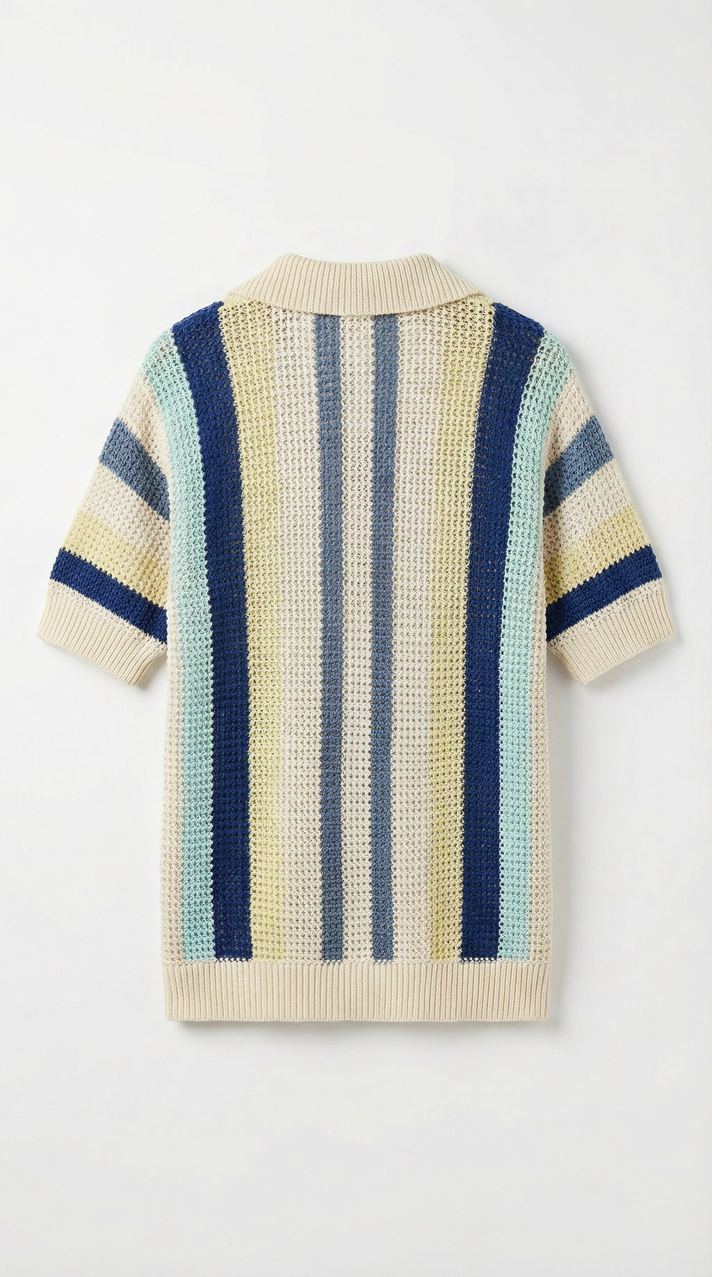 Striped sweater with blue and beige pattern on a white background