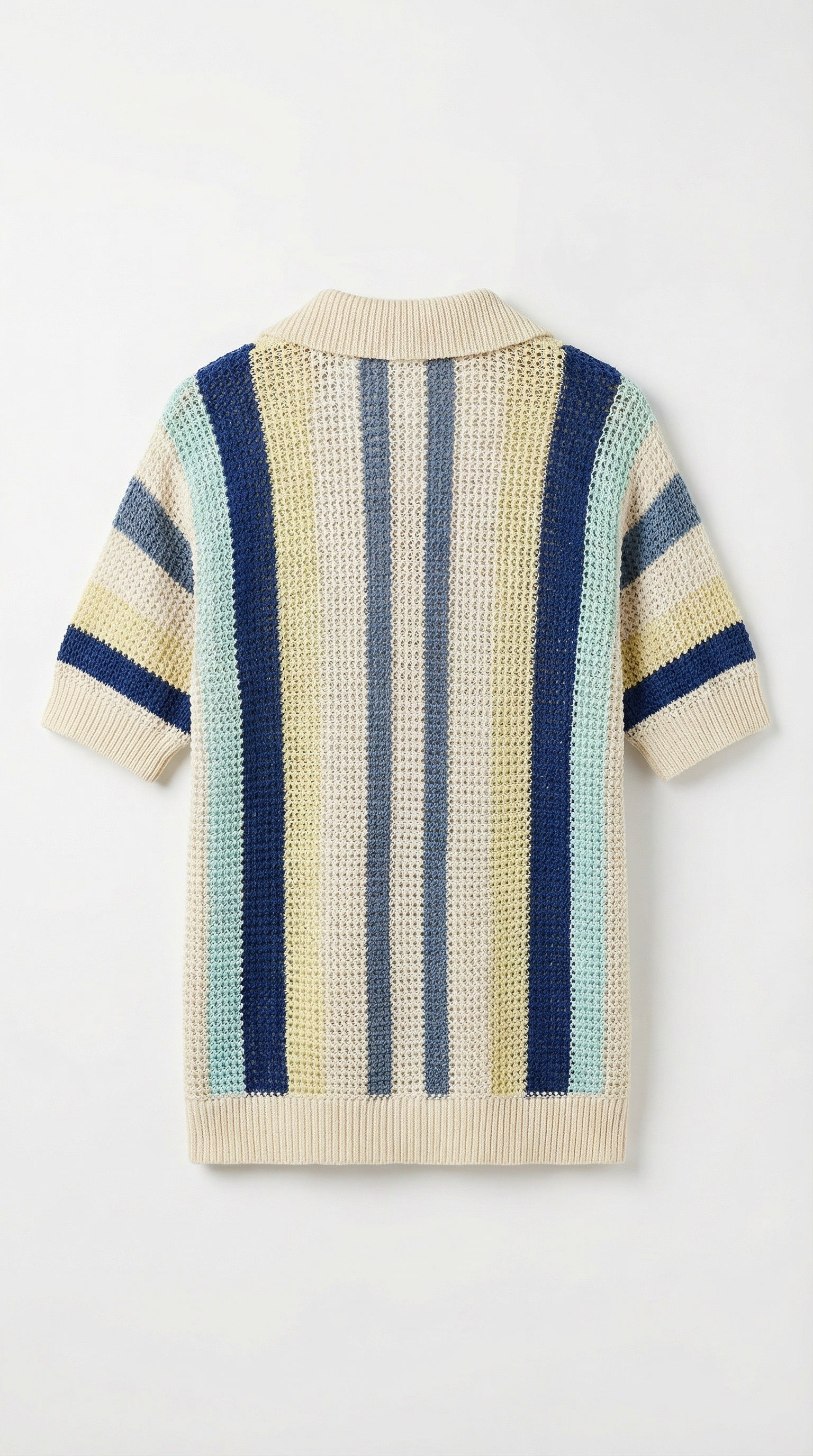 Striped sweater with blue and beige pattern on a white background
