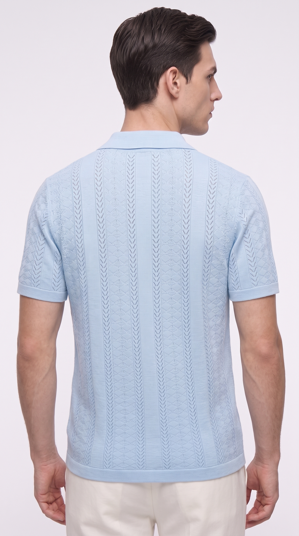 A man shown from the back wearing a light blue short-sleeve knit polo shirt with vertical textured patterns, paired with off-white trousers, against a plain light gray studio background, from Meleche Fashion USA or Meléche (short as (Mé))