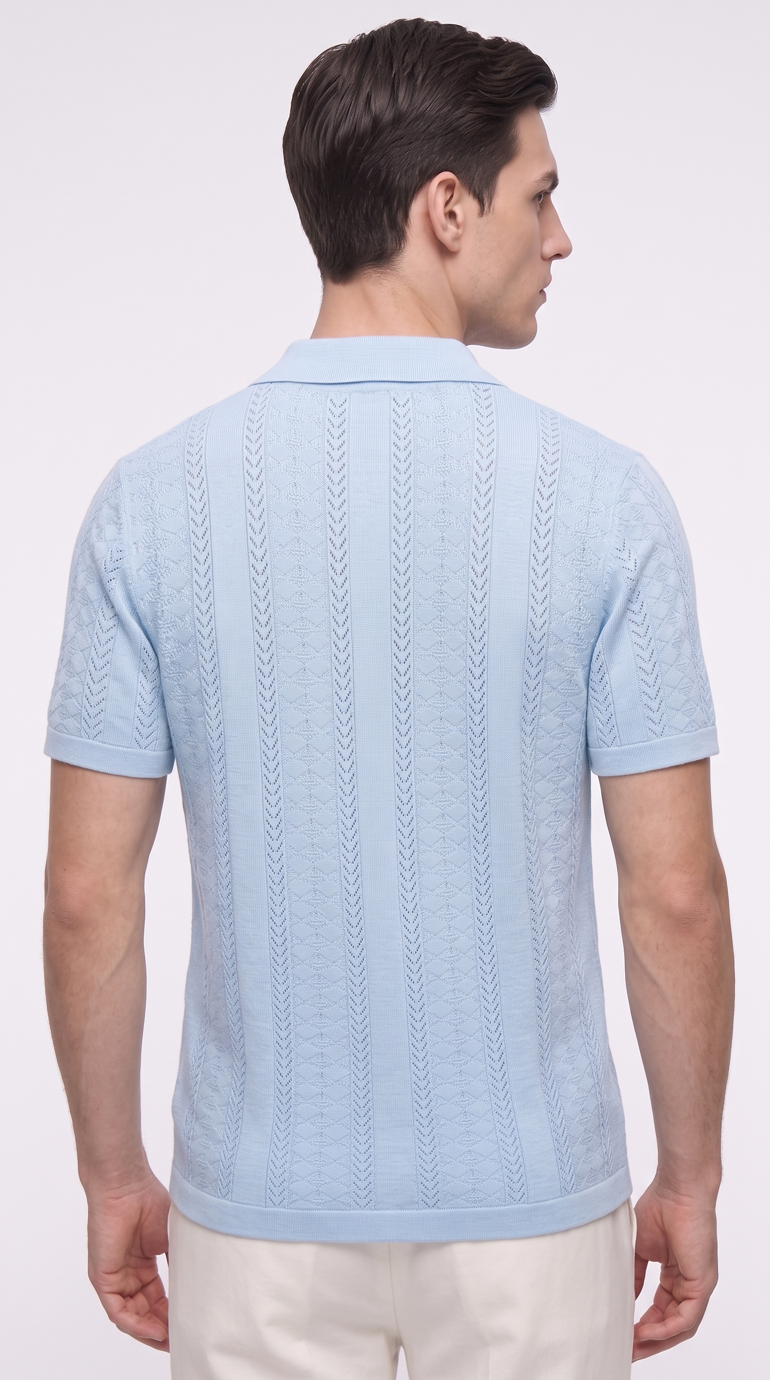 A man shown from the back wearing a light blue short-sleeve knit polo shirt with vertical textured patterns, paired with off-white trousers, against a plain light gray studio background, from Meleche Fashion USA or Meléche (short as (Mé))