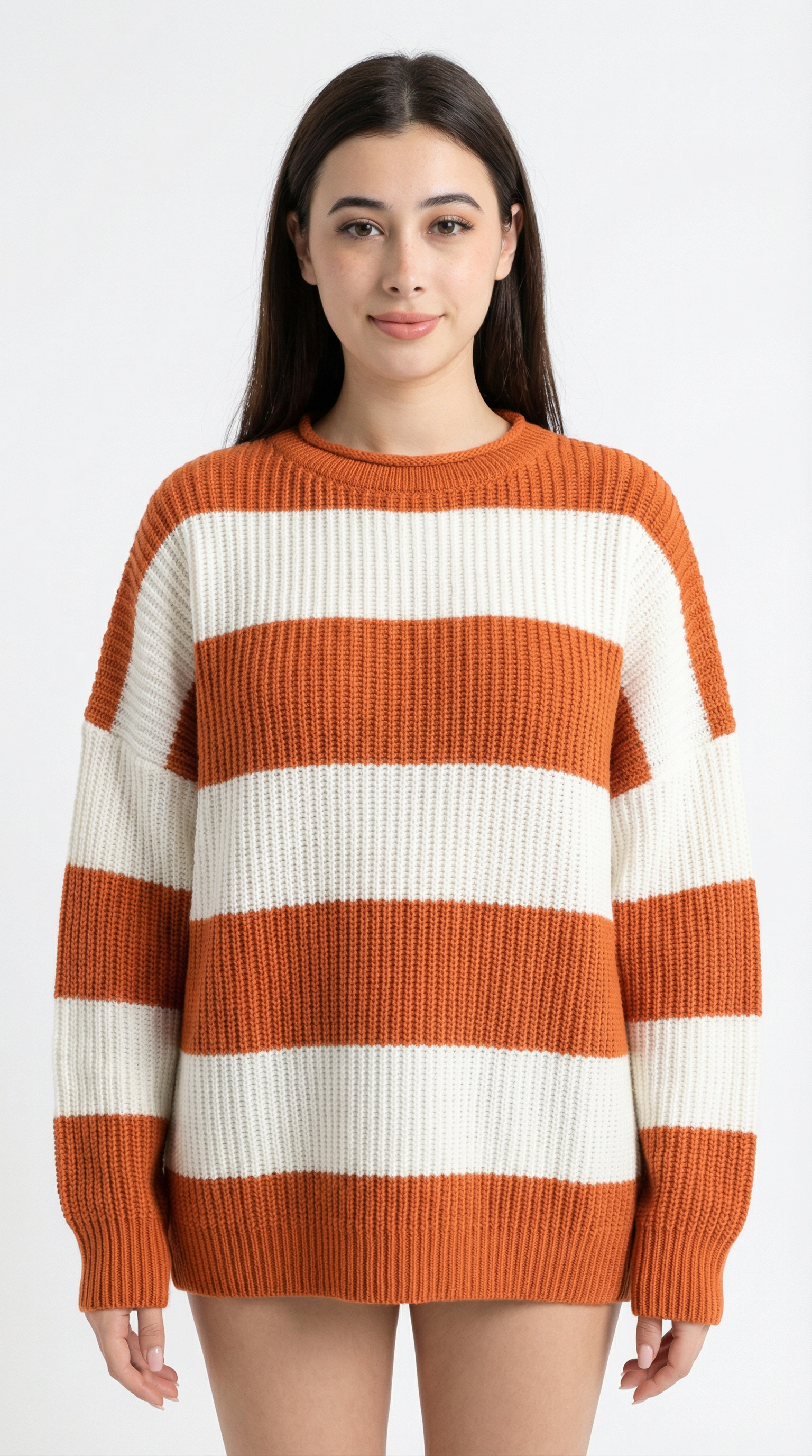 chloe surreal wearing a striped orange and white sweater from Meleche or Meléche (short as (Mé)) on a white background
